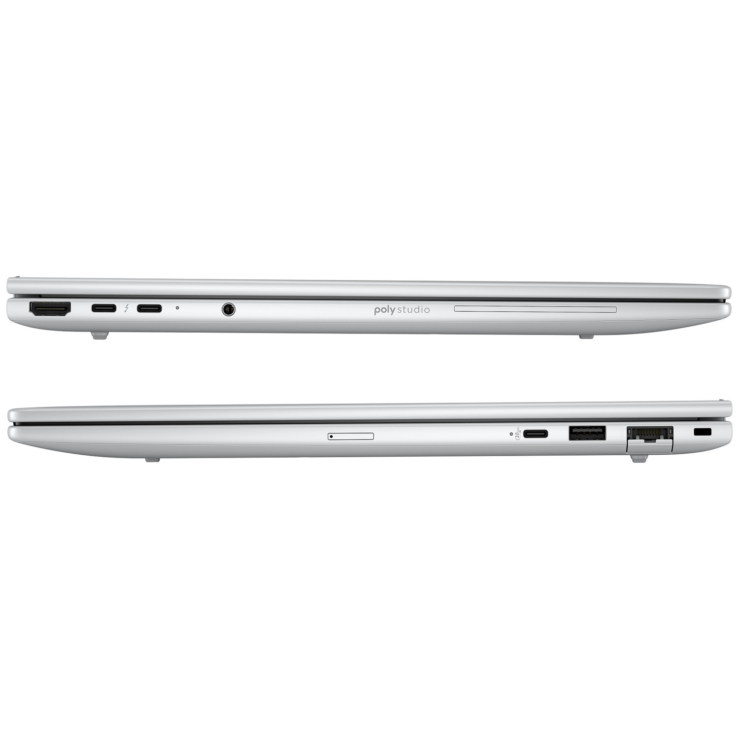 Twee zilveren laptops worden in profiel getoond. De bovenste laptop heeft poorten aan de linkerkant. De onderste heeft poorten aan de rechterkant.