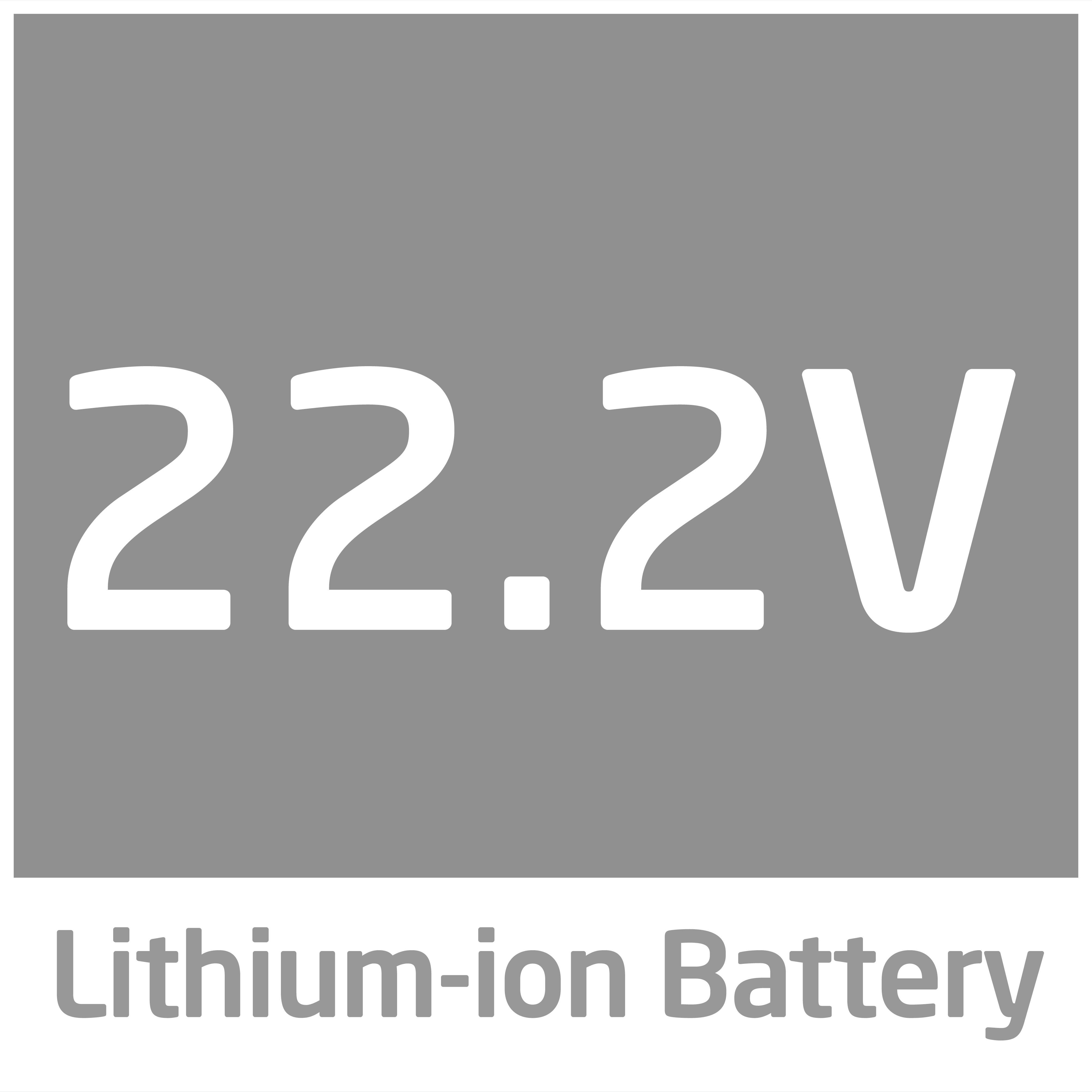 Das Bild zeigt ein graues Rechteck mit dem weißen Text "22.2V". Darunter steht "Lithium-Ionen-Batterie".