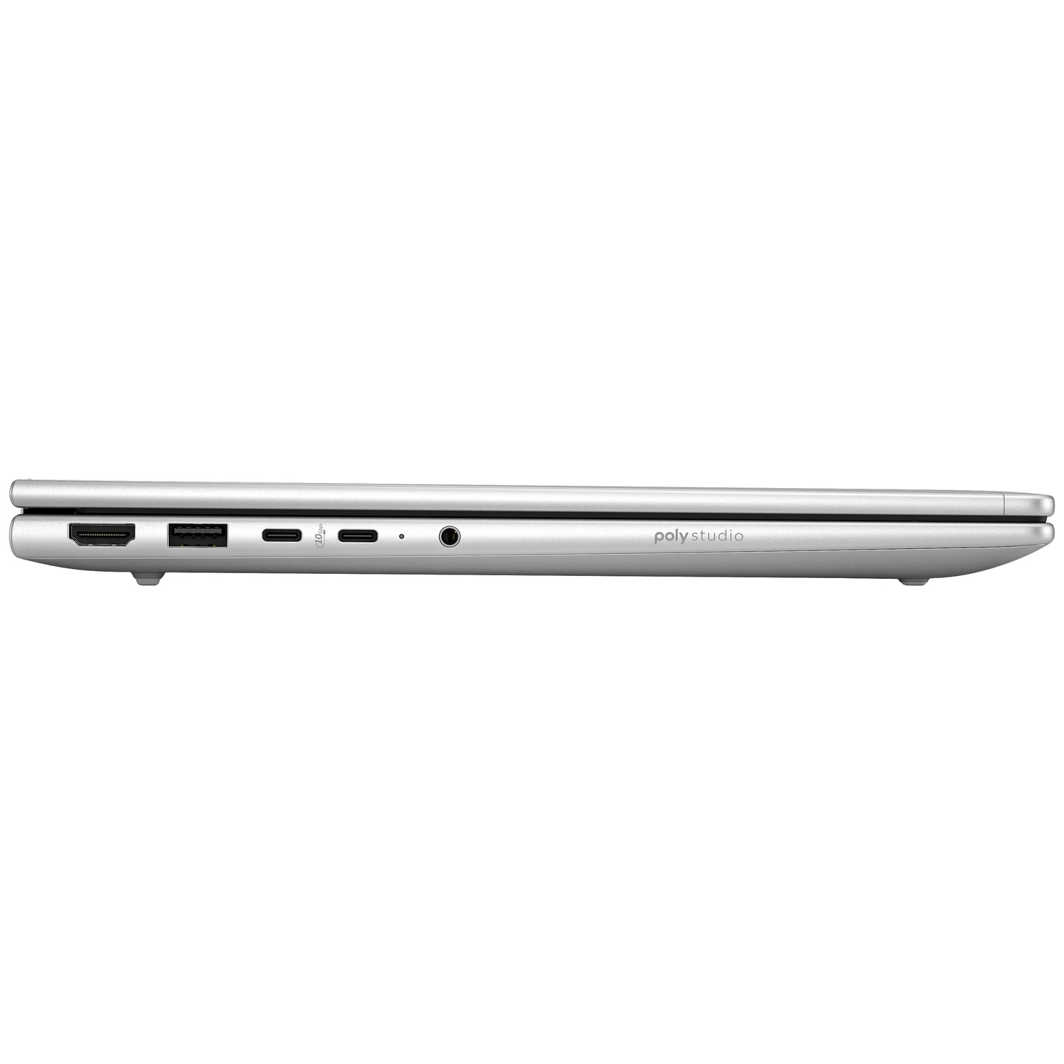 Zijaanzicht van een zilveren laptop. Poorten zijn onder andere HDMI, USB en USB-C. De merknaam 'polystudio' is zichtbaar.