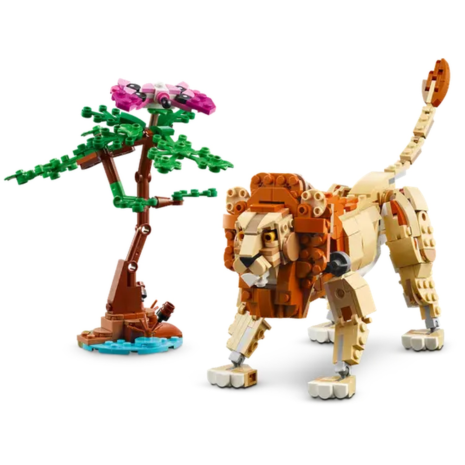 A Lego lion, tan and brown, stands near a Lego tree with green leaves and pink flowers, set against a white background.