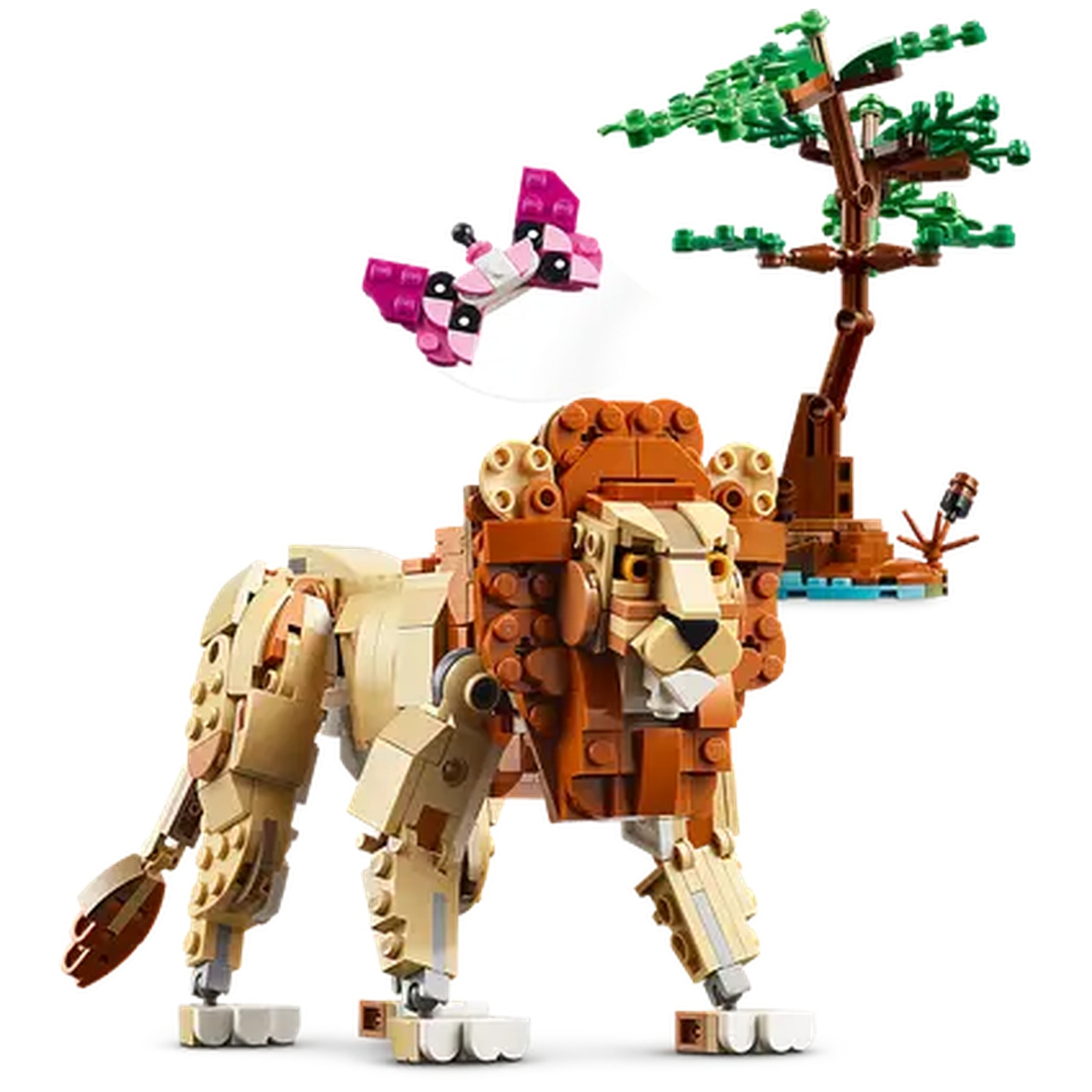 A Lego lion stands, a Lego tree is in the background. A pink and black Lego butterfly is flying above the lion.