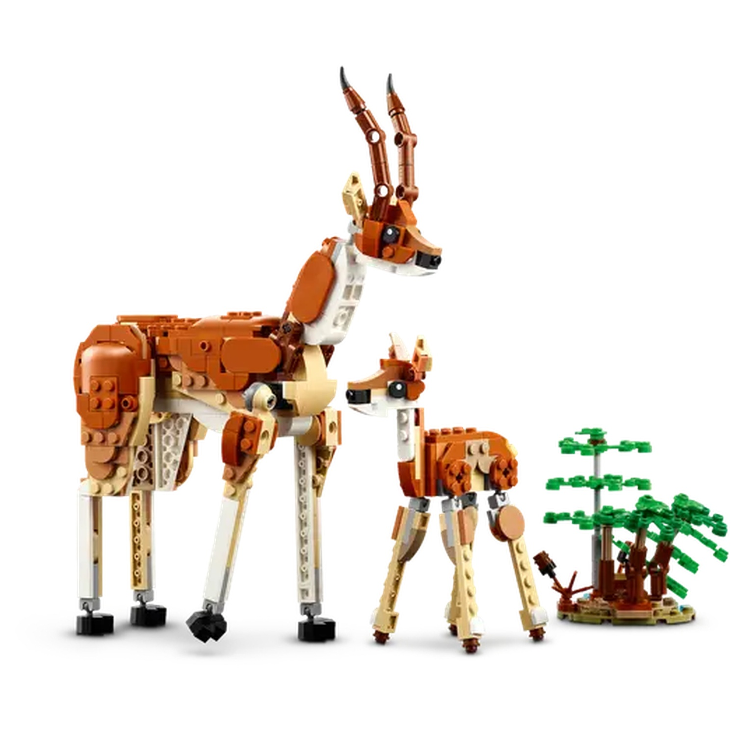 A Lego set featuring two antelopes made of brown and white blocks. A small tree set is also present.