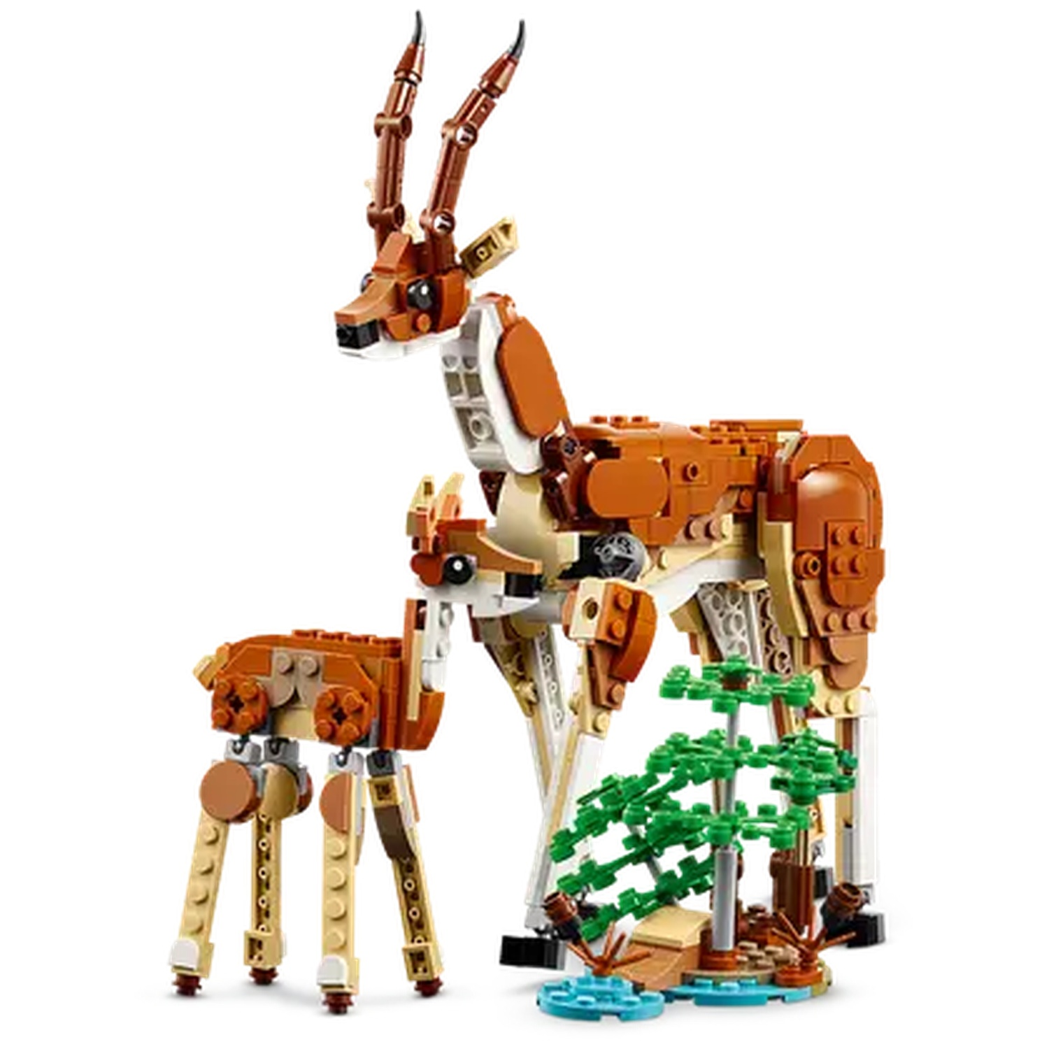 A Lego gazelle and calf are depicted. The gazelle has brown and tan bricks. A small tree and water are on the ground.