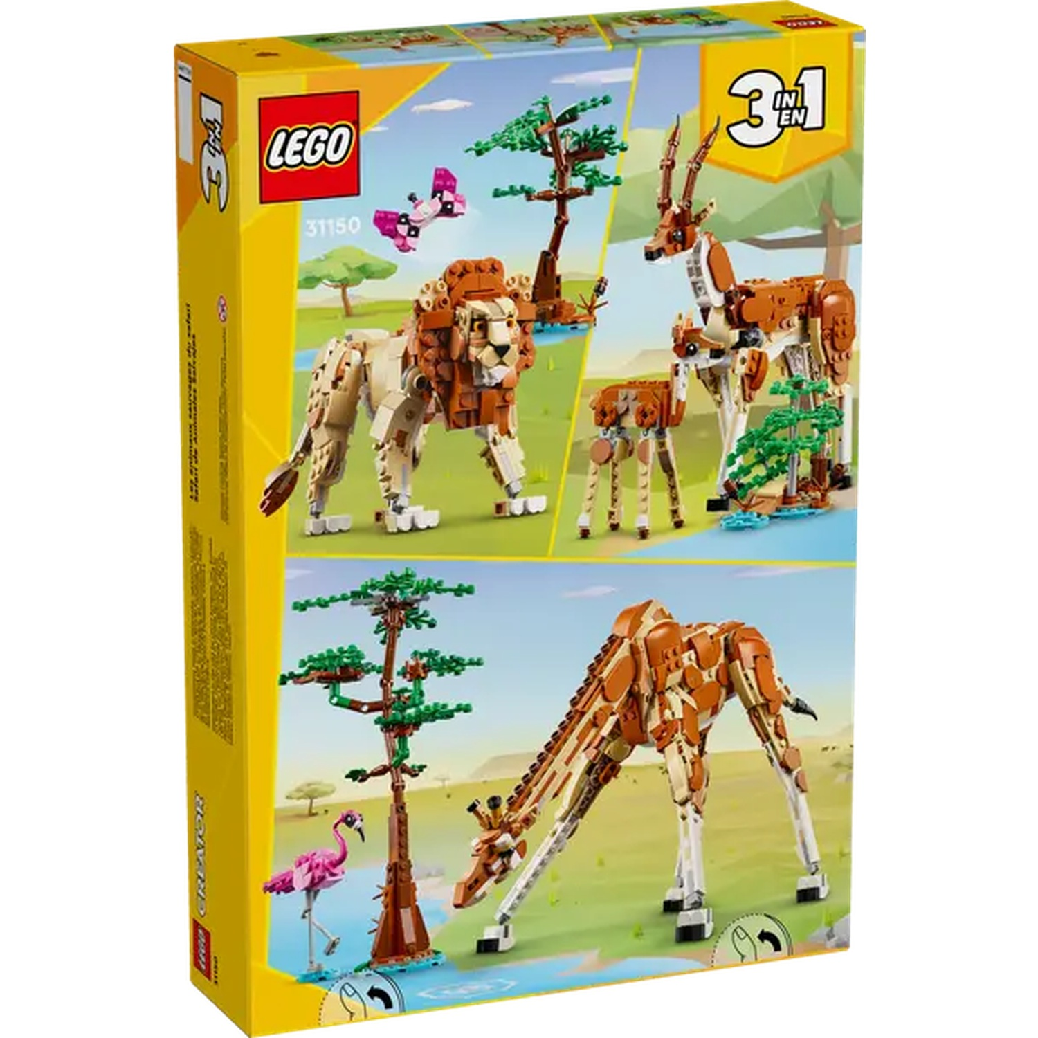 Lego box shows 3 animal builds: lion, giraffe, and gazelle. Each animal is depicted with trees and a pink flamingo. 