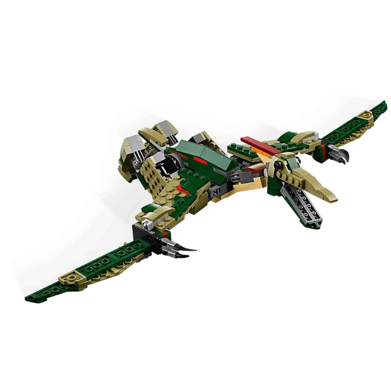 A Lego pterodactyl toy in green, brown and grey colors. It has extended wings and a beak. It is set against a white background.