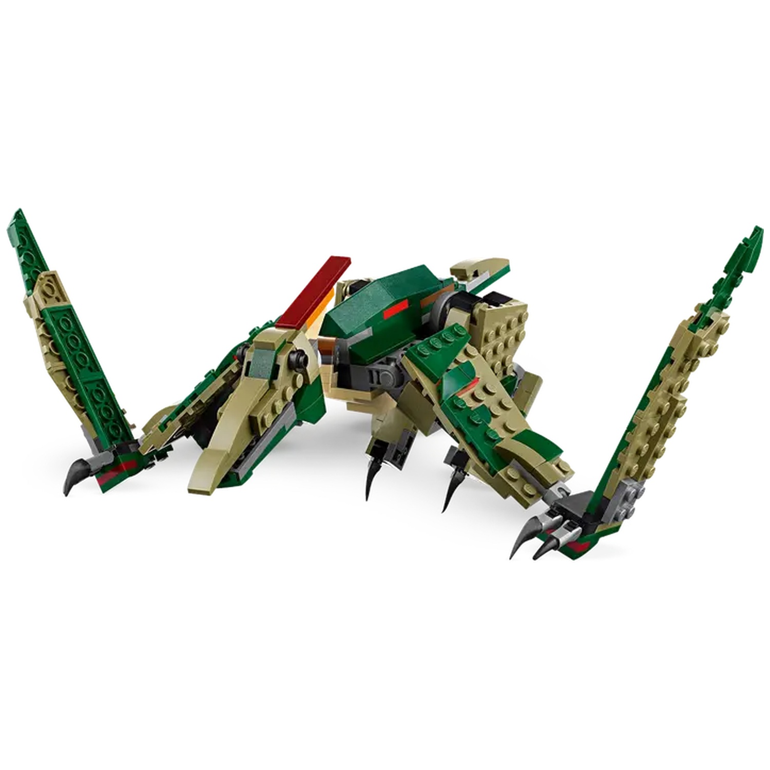 A Lego insect with green and tan parts. The insect has wings and sharp claws. It is set against a white background.