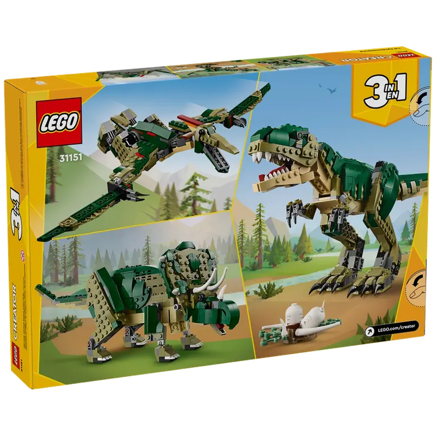 LEGO Creator box with three dinosaur models: pterodactyl, T-Rex, and Triceratops. Background shows trees and a blue sky.