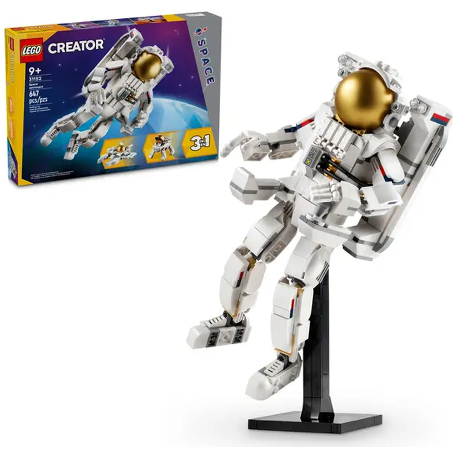 A Lego astronaut figure is displayed on a black stand. Next to it, there is a Lego box.