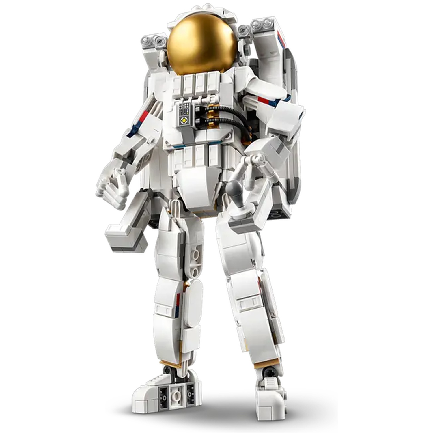 A white Lego astronaut with a gold helmet and backpack stands against a white background.