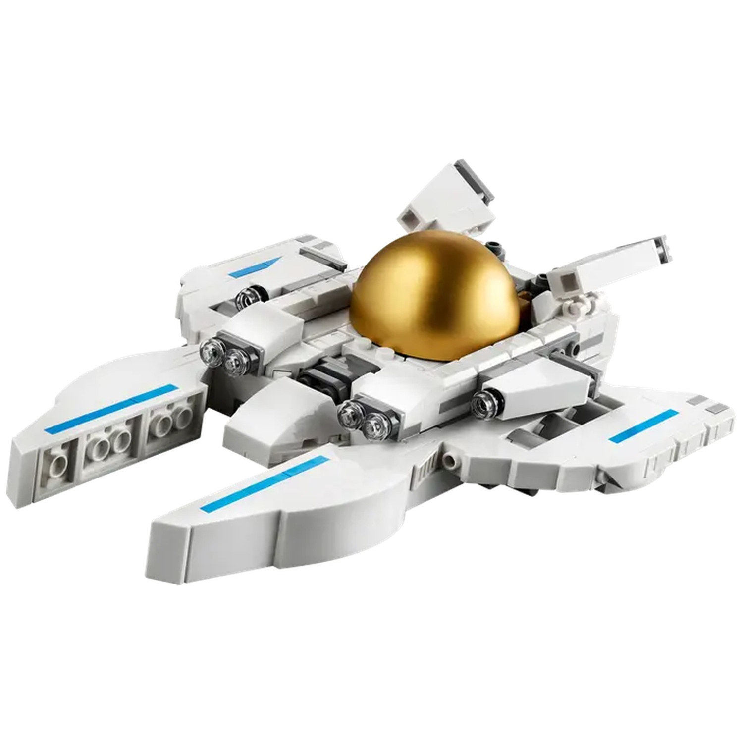 A white and gray spaceship toy with a golden dome on top, blue stripes, and two round lights, isolated on white background.