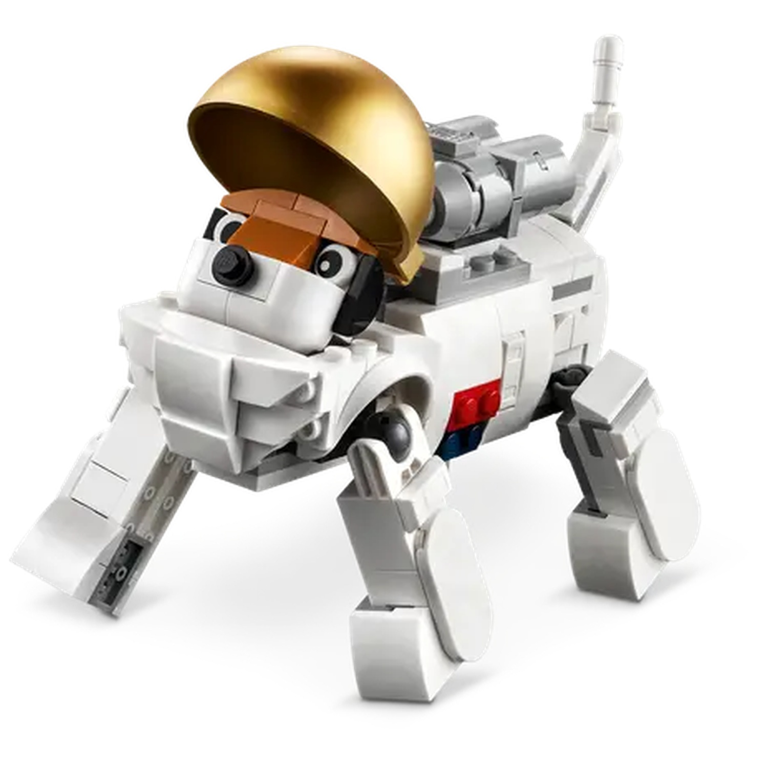 A Lego dog robot with a golden helmet. It has white body, black eyes, and brown ears. It stands on four legs.