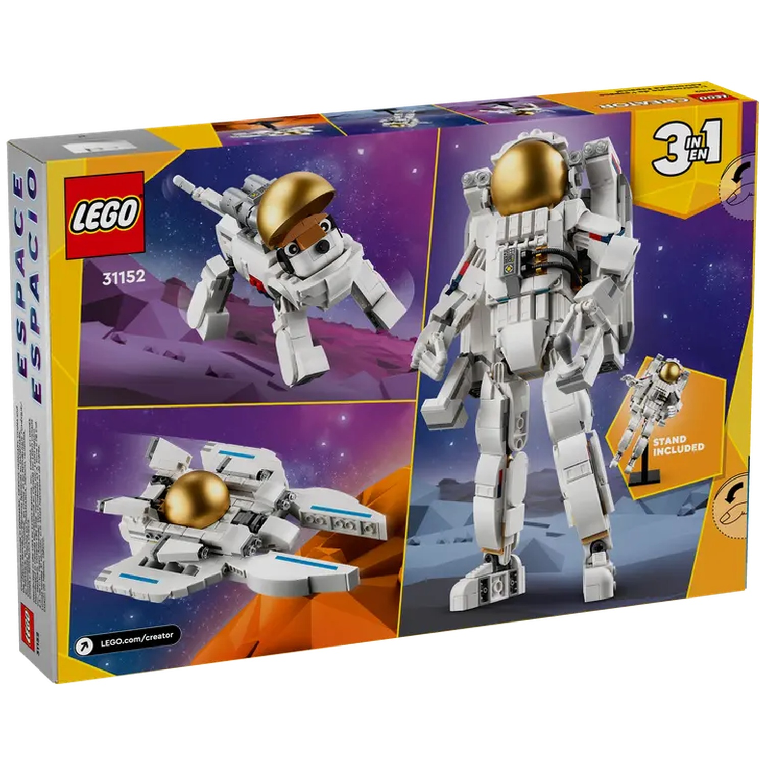 The Lego box shows 3-in-1 models: a space dog, an astronaut, and a spaceship. The background has a purple space theme.