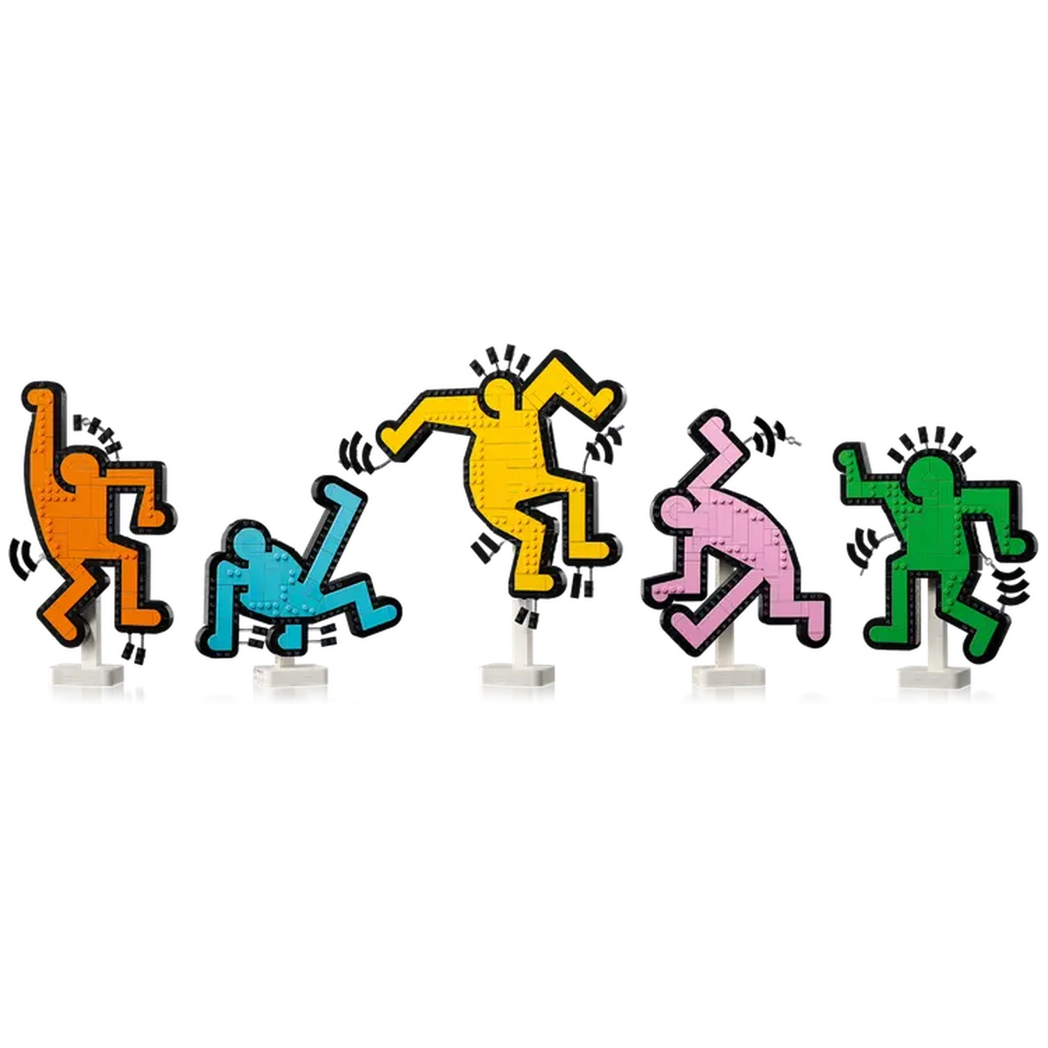 Five colorful pop art figures in different poses. Orange, blue, yellow, pink, and green on white bases.