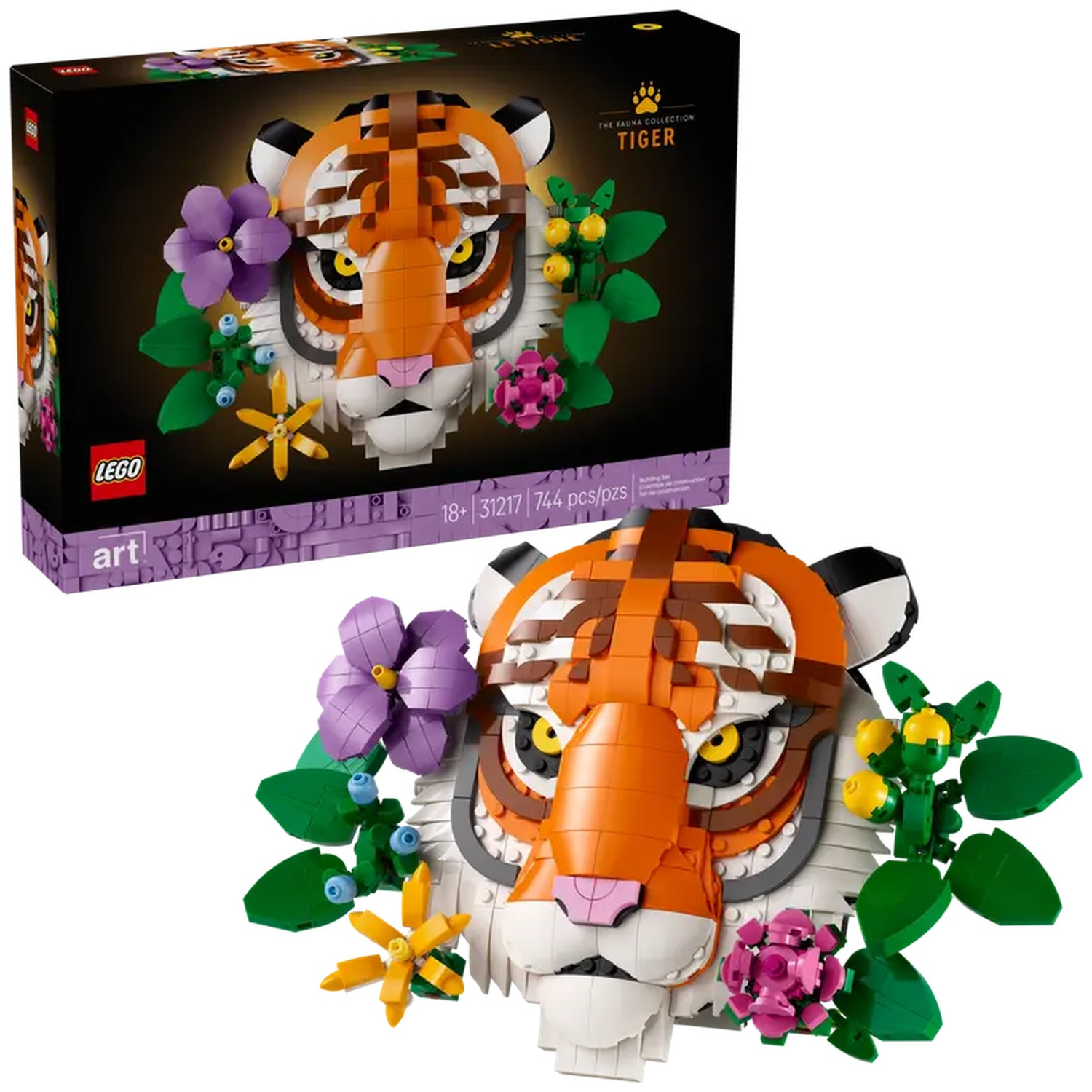 A Lego set of a tiger's head surrounded by flowers. The set is in a box and as a built model. Orange, brown, and white colors are present.