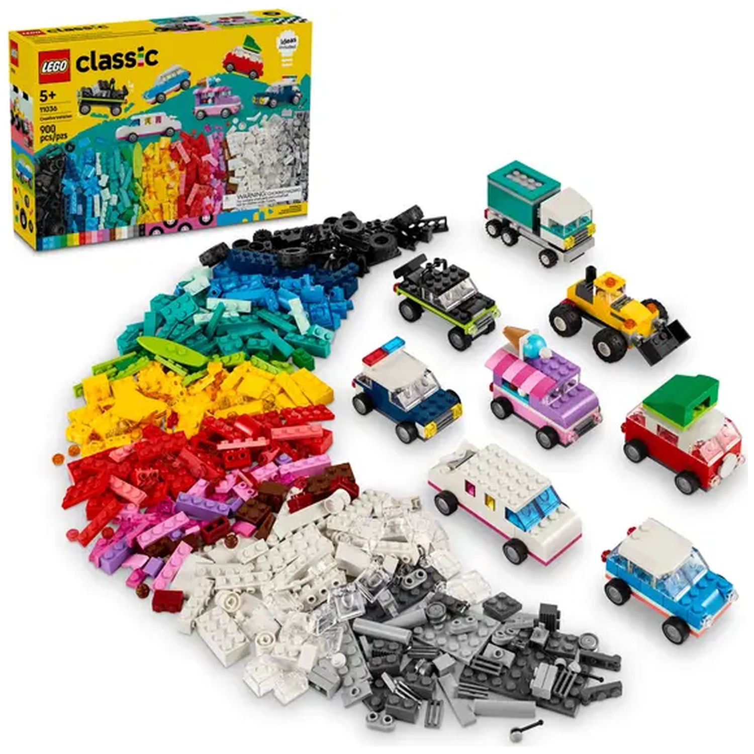 Un ensemble Lego Classic avec des briques colorées et plusieurs modèles de voitures Lego. Une boîte montre des exemples de constructions. Briques triées.