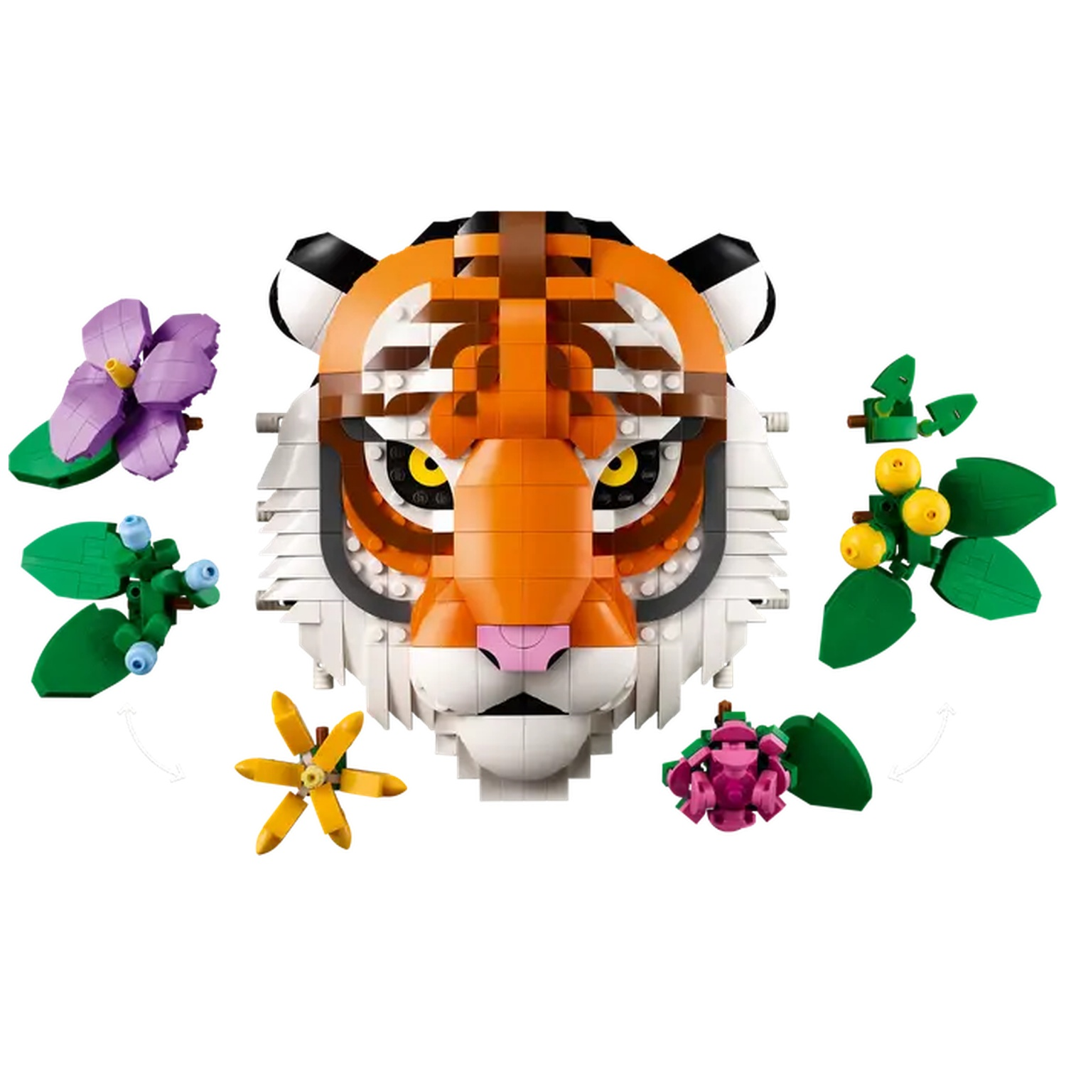 A Lego tiger head with surrounding Lego flowers and leaves. The tiger is orange, brown, white, and black. The flowers are purple and yellow.