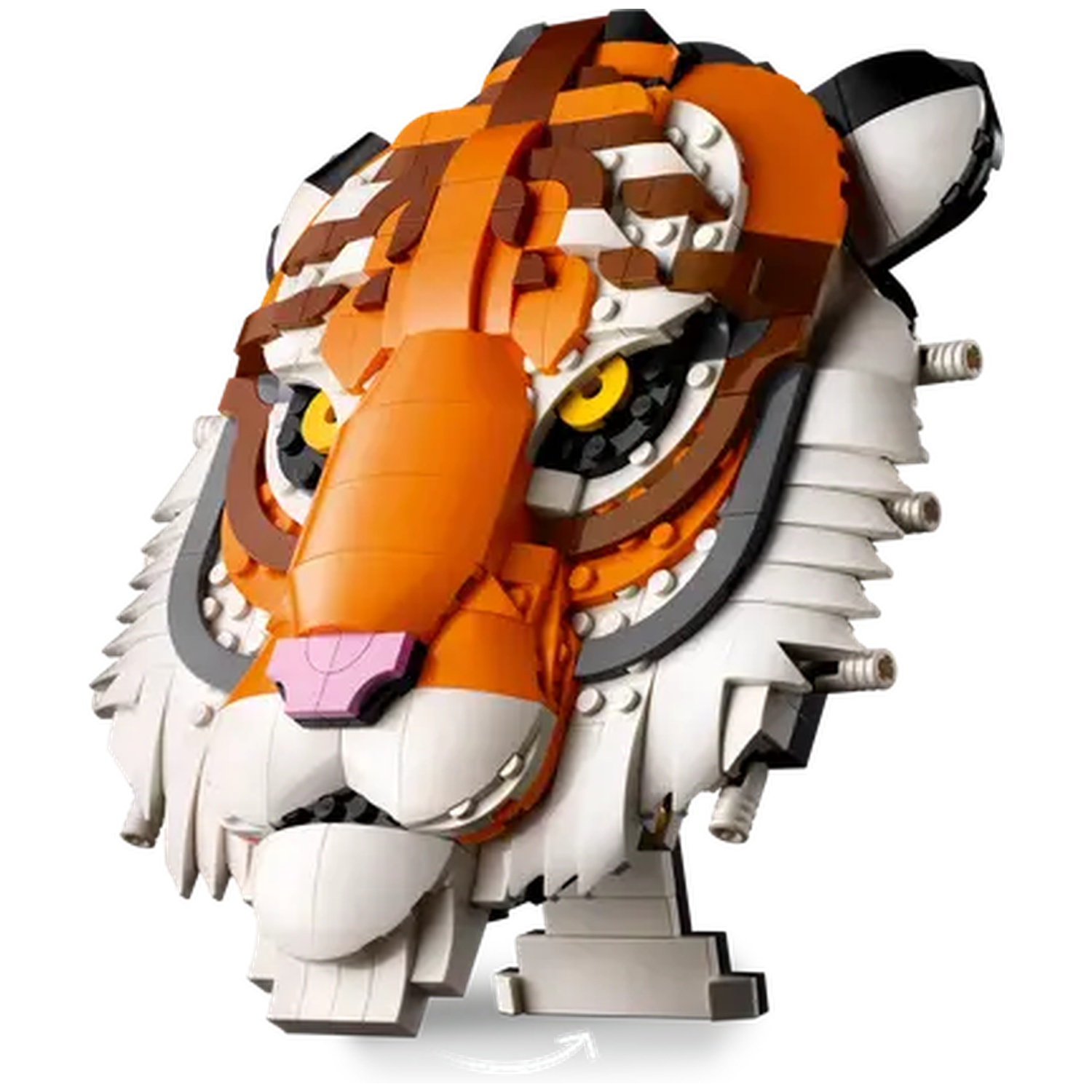 A Lego tiger head. It has orange, brown, white, and black bricks. The eyes are yellow. The nose is pink, and the mouth is open.