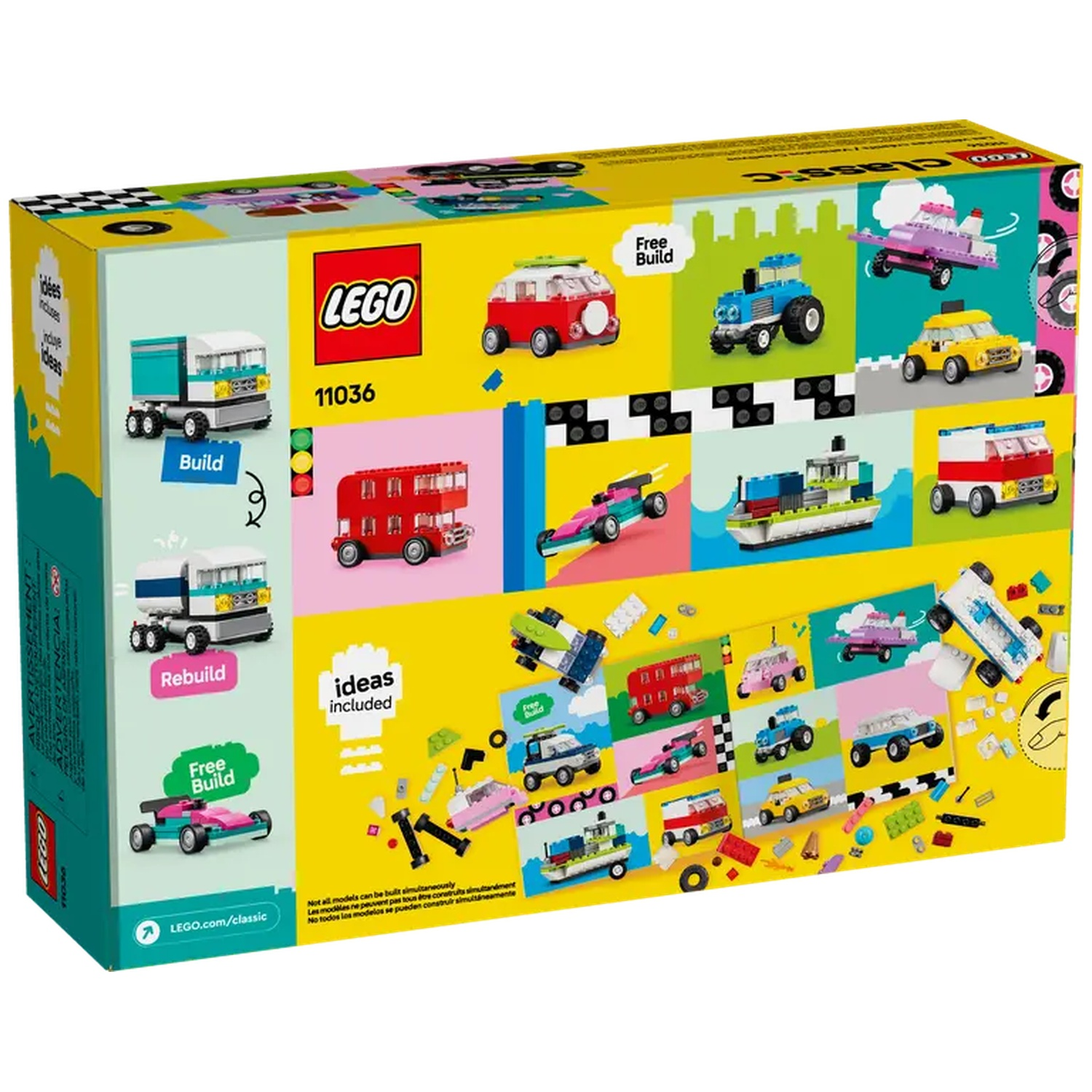 La boîte LEGO Classic présente divers modèles LEGO, notamment des voitures, des camions et des bateaux. La boîte est jaune avec des modèles LEGO colorés.