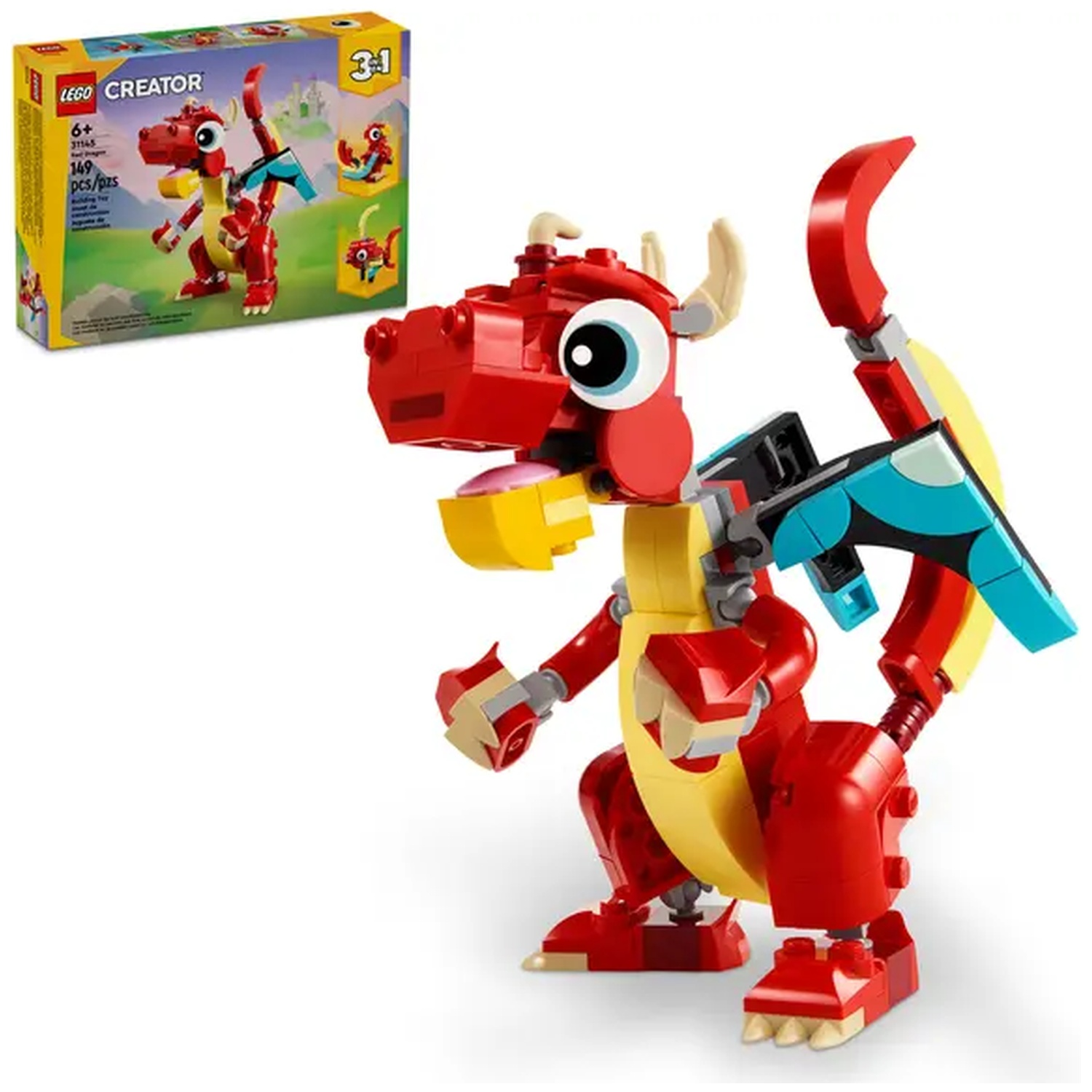 A Lego Creator red dragon with yellow belly and blue wings is on display. A box shows the dragon with a smaller version.