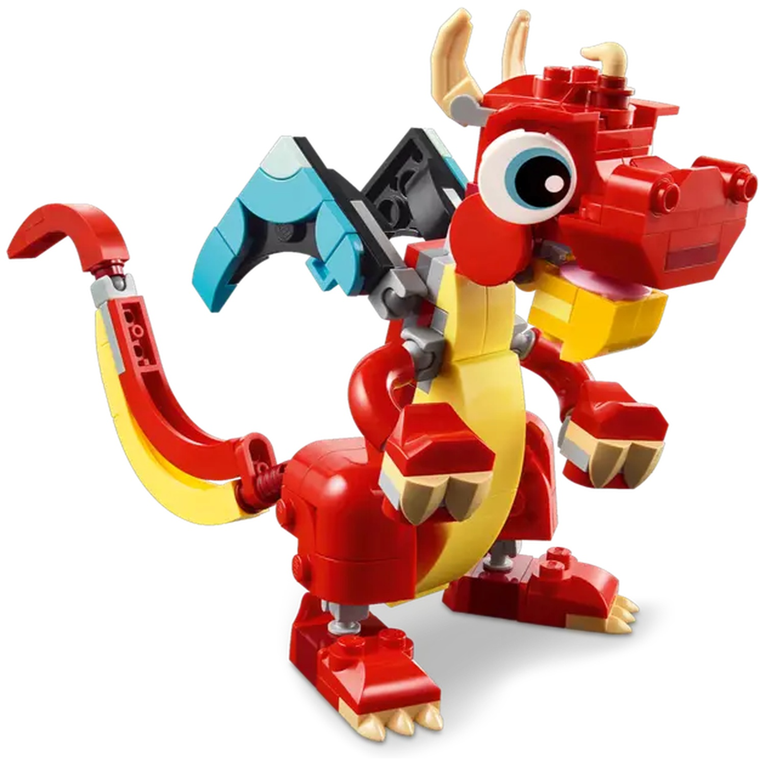 A red and yellow Lego dragon with blue wings, large eye, and curved tail, constructed from various Lego pieces, white background.