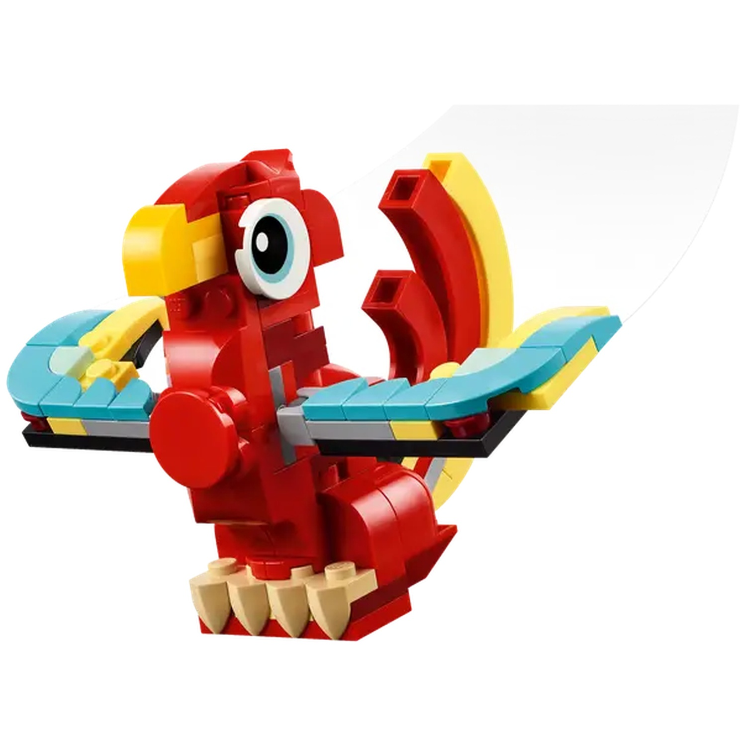A Lego bird with a red body, yellow beak, blue wings and a white background.