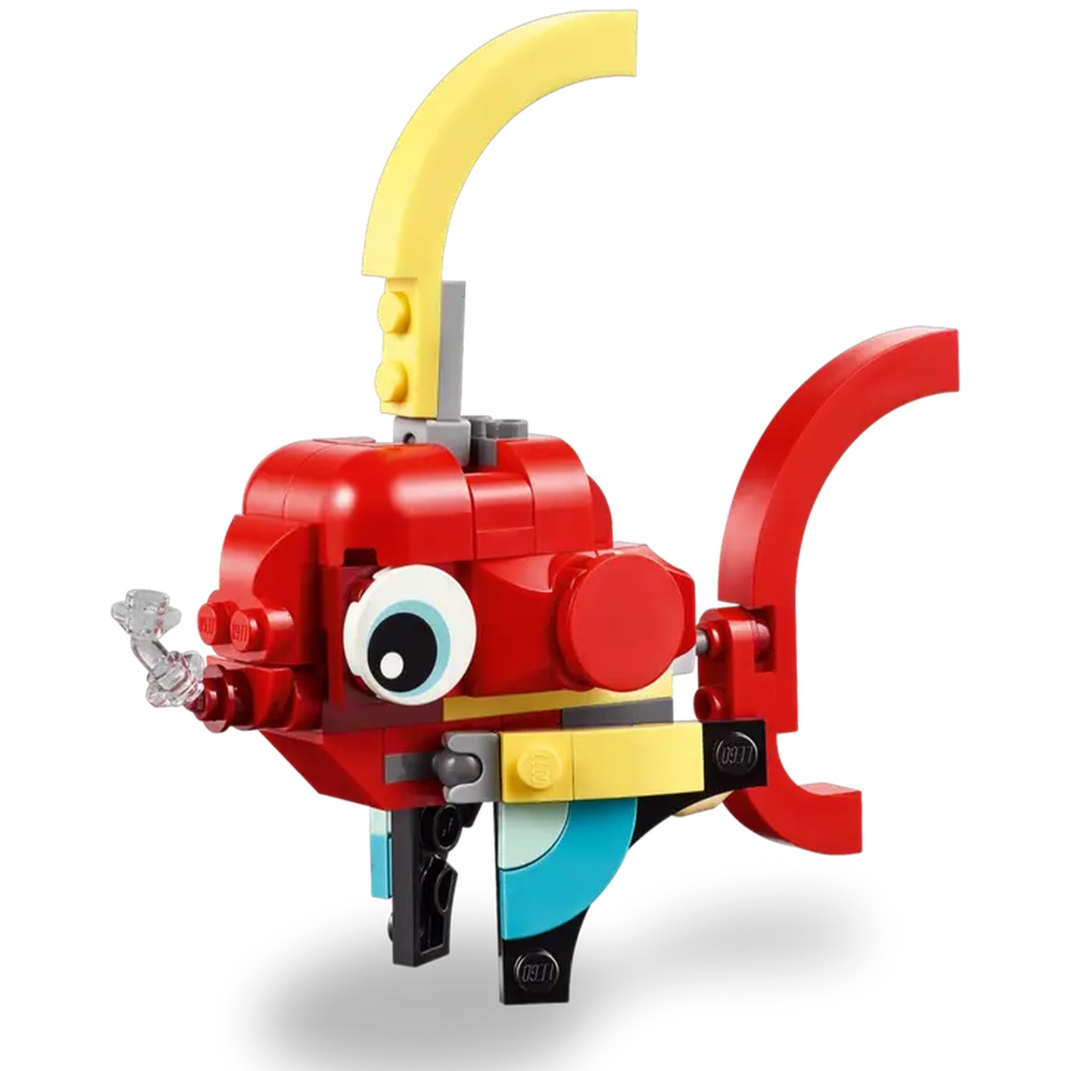 A Lego fish made of red, yellow, black and blue bricks. It has a big eye and is set against a white background.