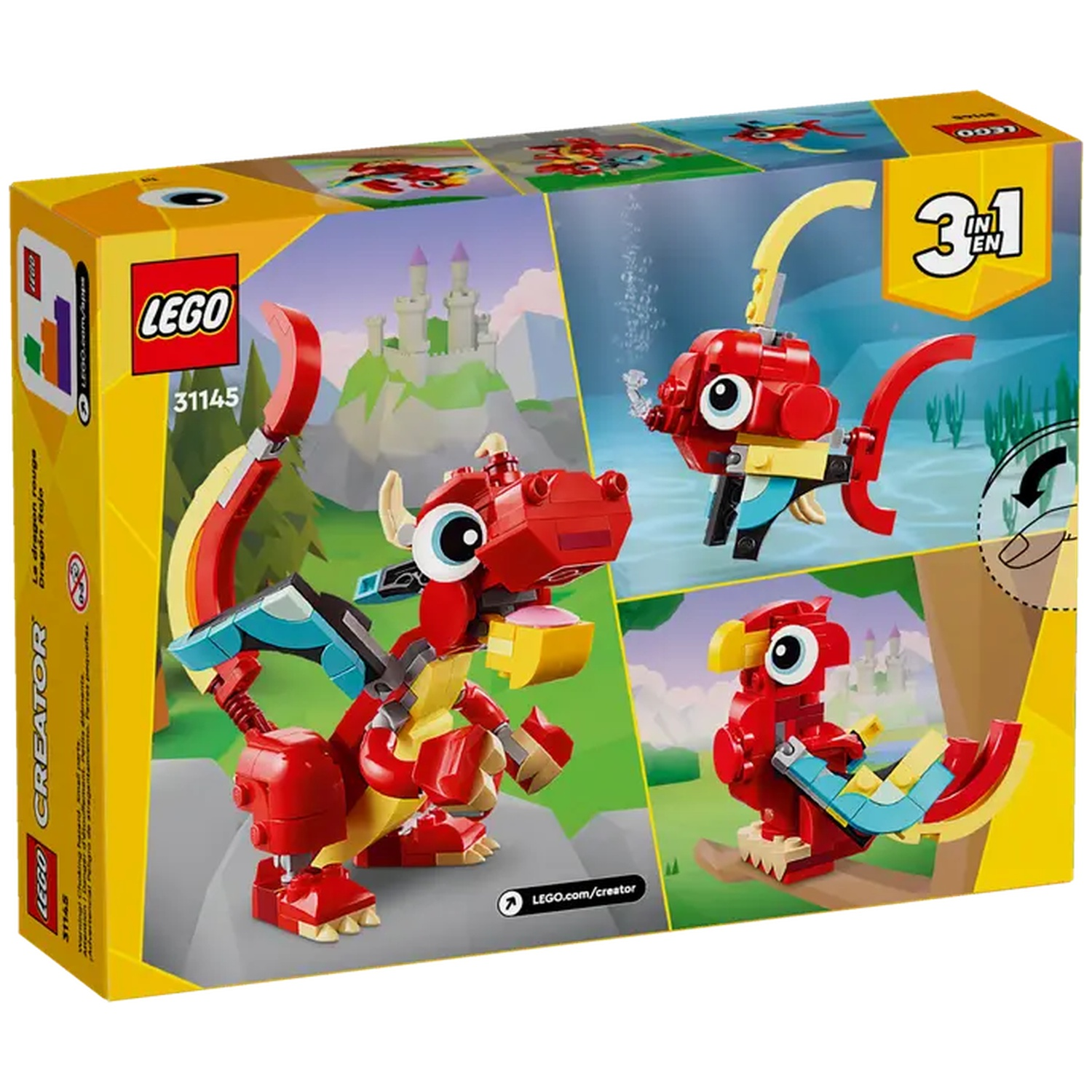LEGO Creator box. It shows a red dragon, a red fish and a red bird. The background shows a castle and a blue sky.
