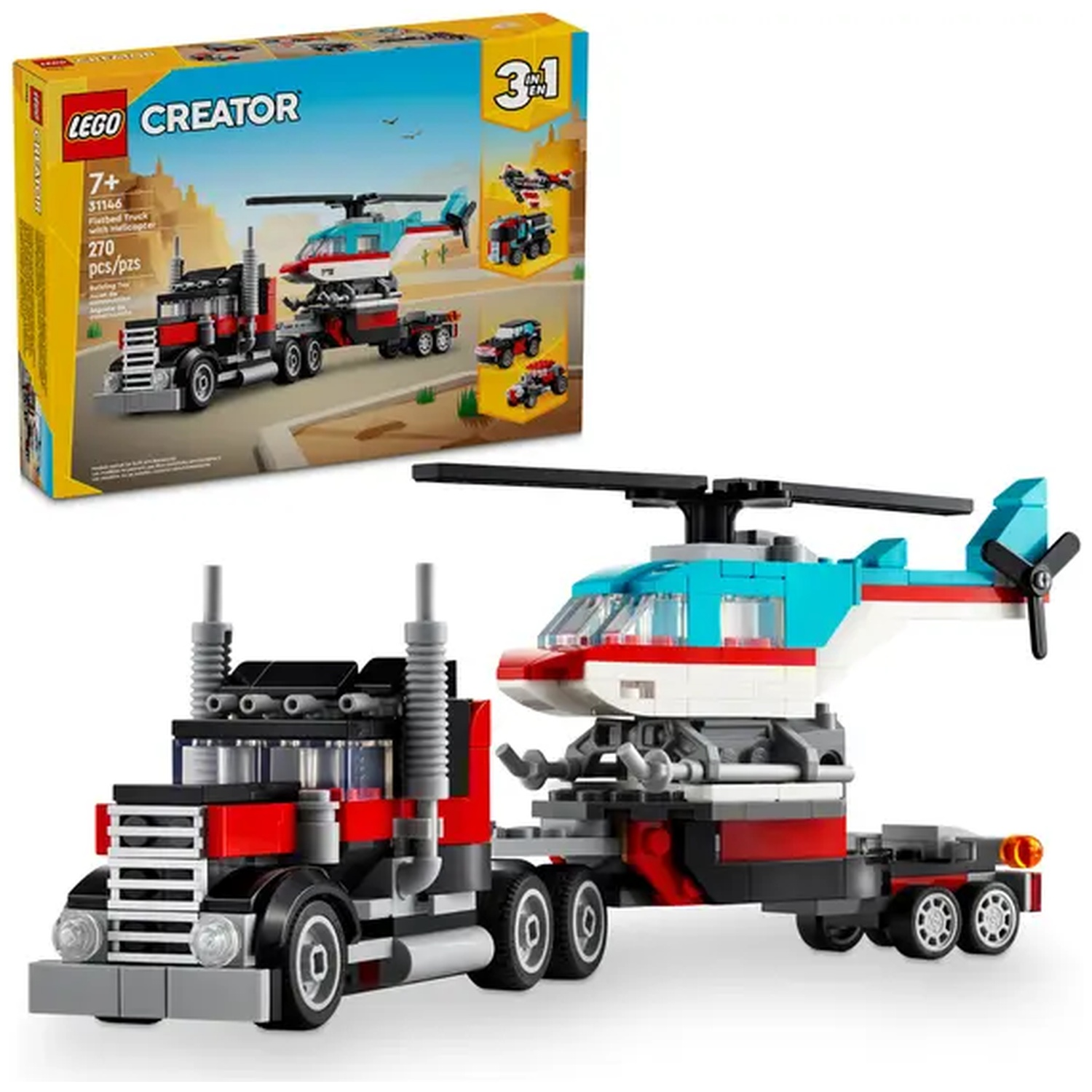 A Lego Creator set. A red, black, and white truck hauls a helicopter. The helicopter is blue, white, and red.