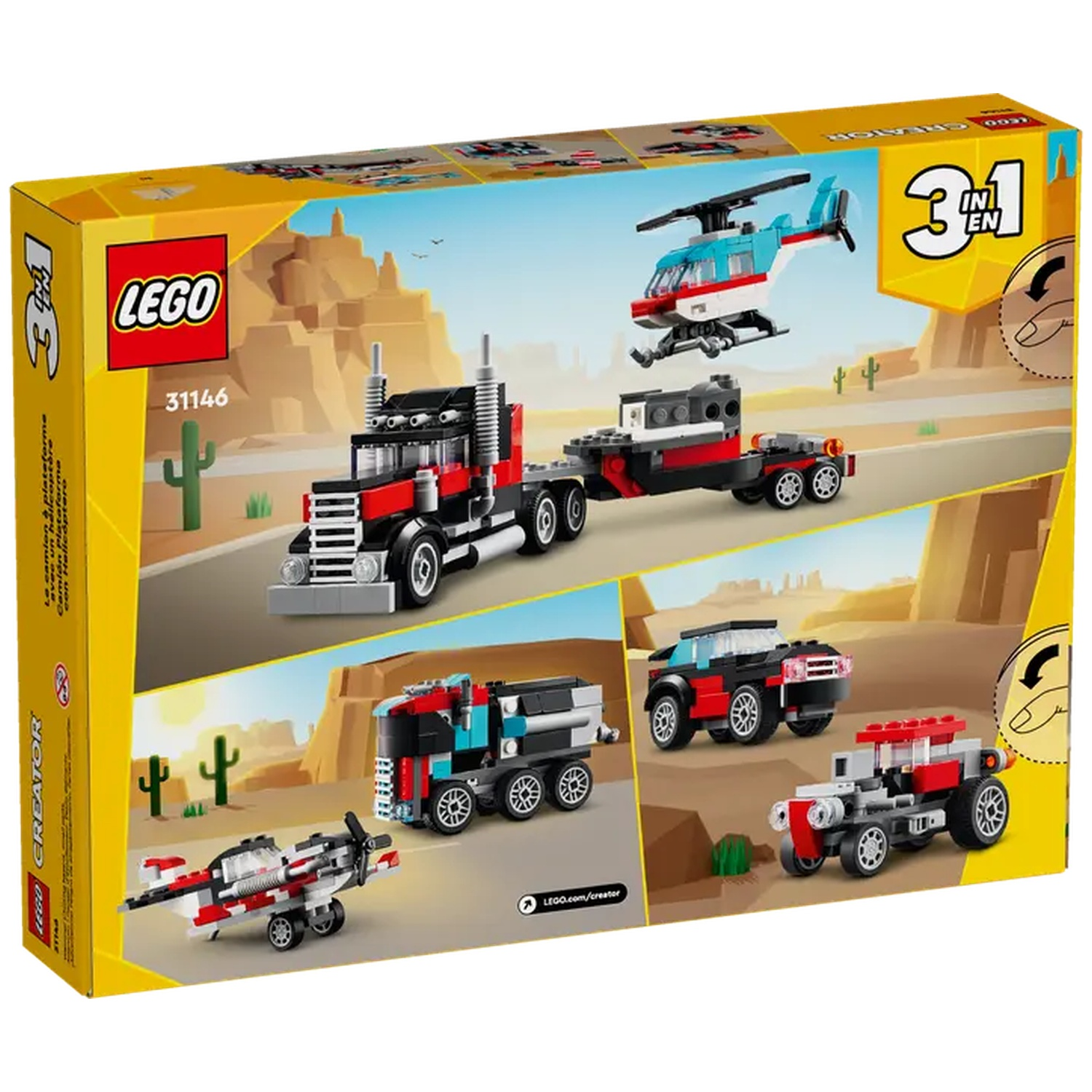 LEGO Creator box shows a truck and trailer, helicopter, car, and airplane models, against a desert backdrop.
