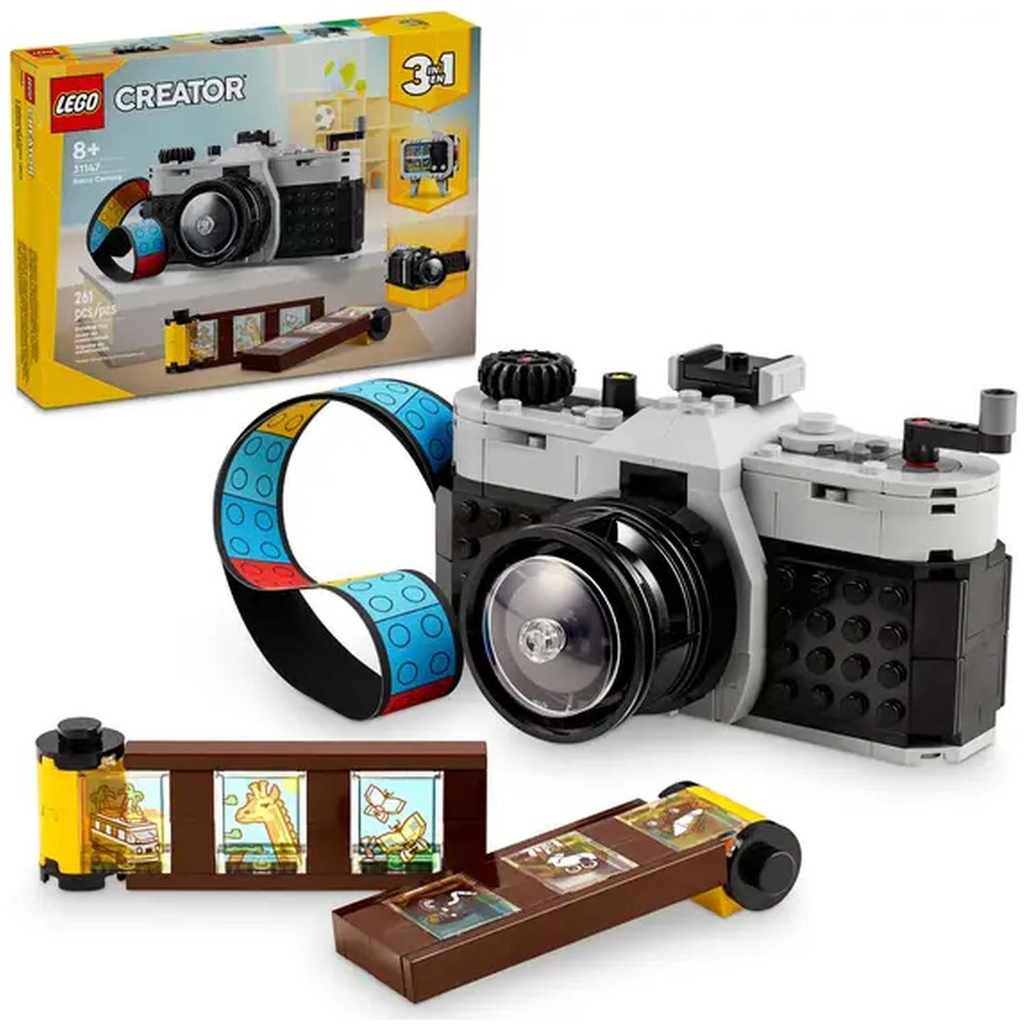 A Lego Creator camera set is displayed. The set includes a gray and black camera, film strip, and box with images of a camera.