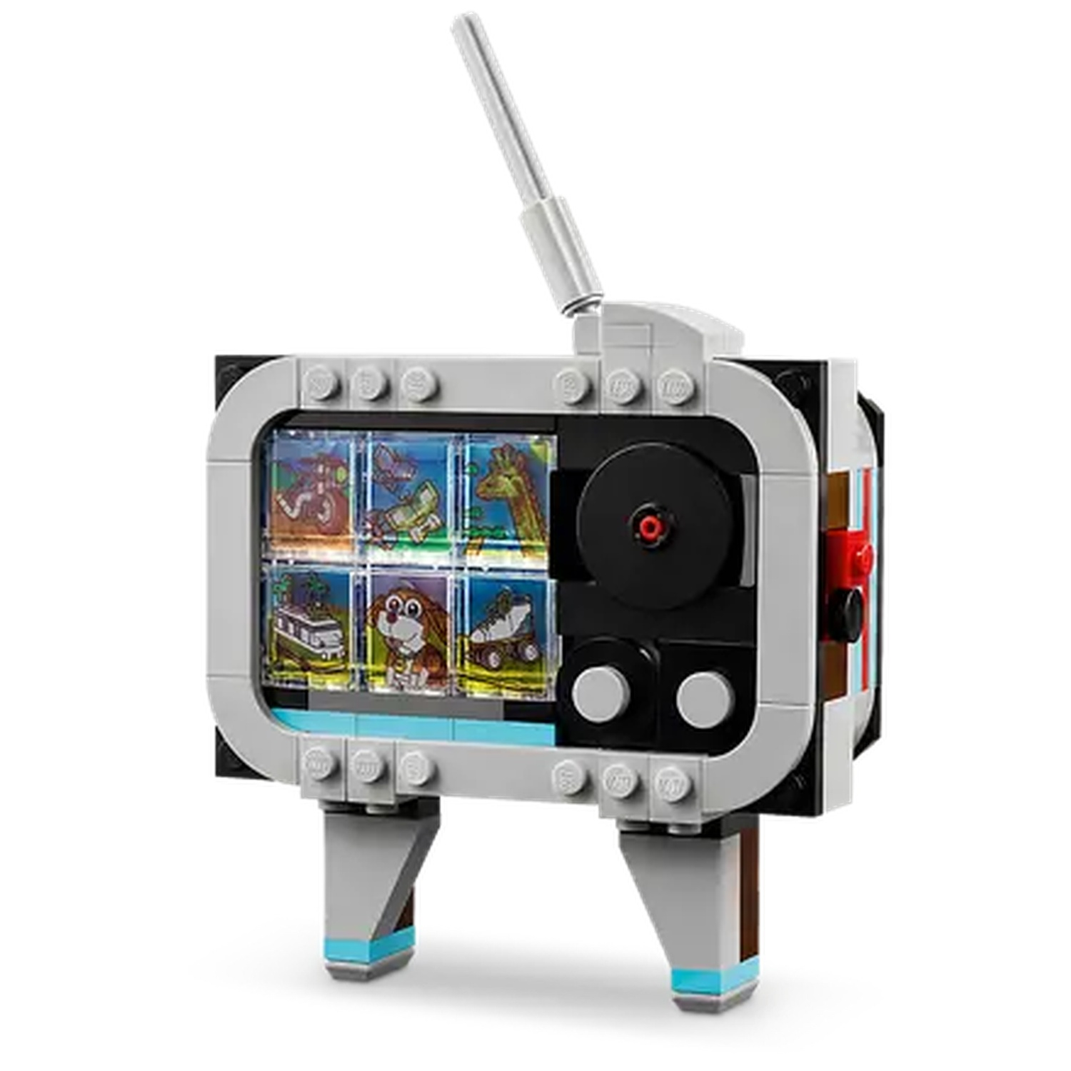 A Lego television set with an antenna, screen showing cartoon images, black details, and gray legs.
