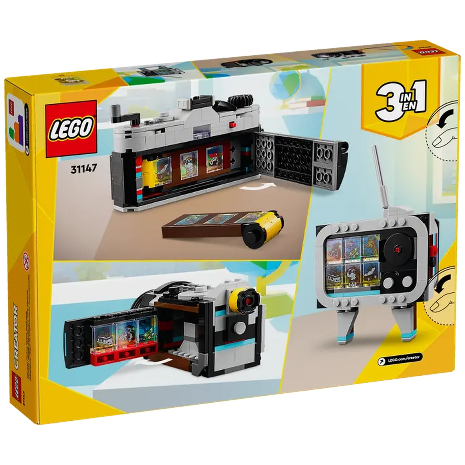 LEGO Creator 3-in-1 set box. Images show a camera, a TV, and a projector, all made of LEGO bricks. Yellow, black, and white colors dominate.