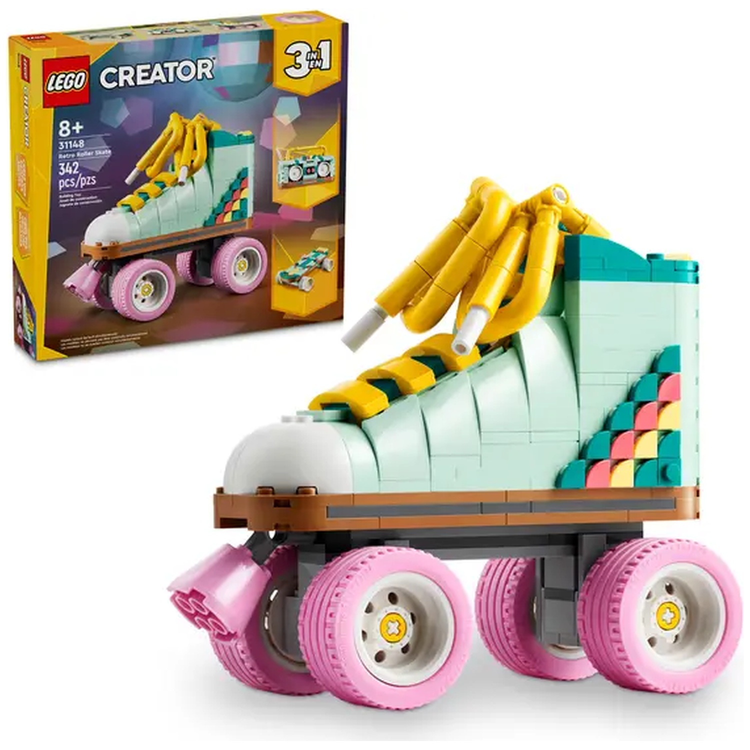 A Lego Creator set shows a roller skate made of blocks. The skate is mint green, with pink wheels and yellow laces, with the box in the background.