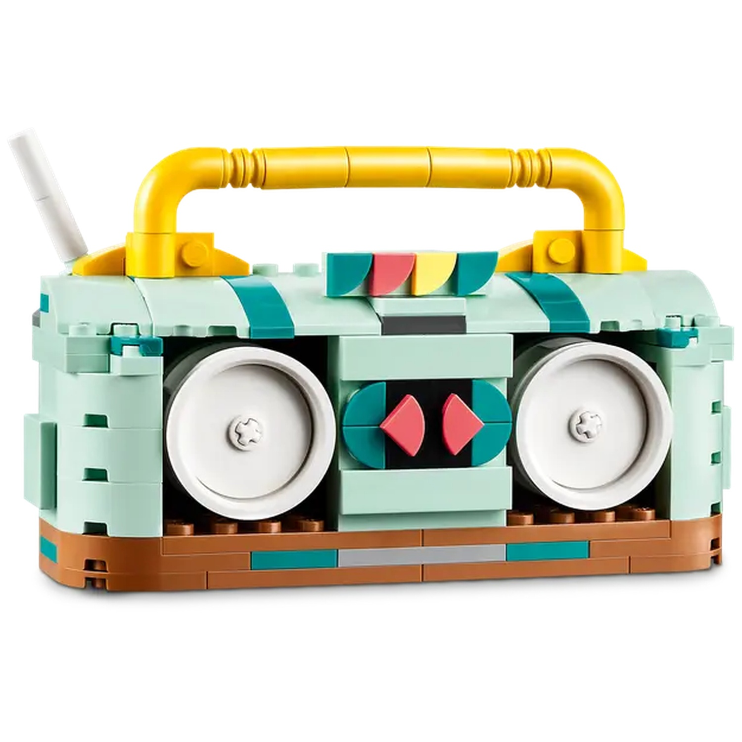 A Lego boombox with a yellow handle, light green body, and brown base. It has white speakers and a small antenna.
