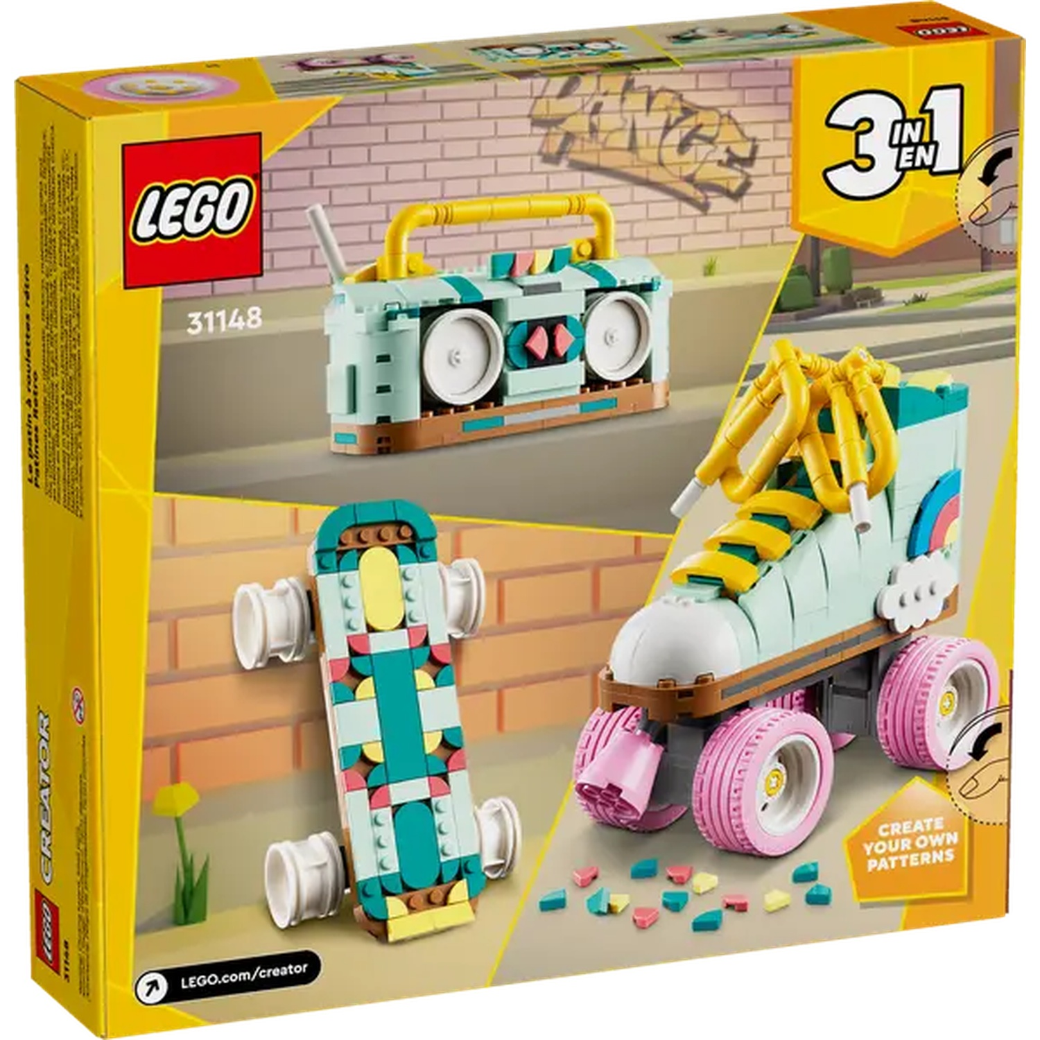 A Lego box shows three build options: a boombox, a skateboard, and a roller skate. The box is yellow with the Lego logo.