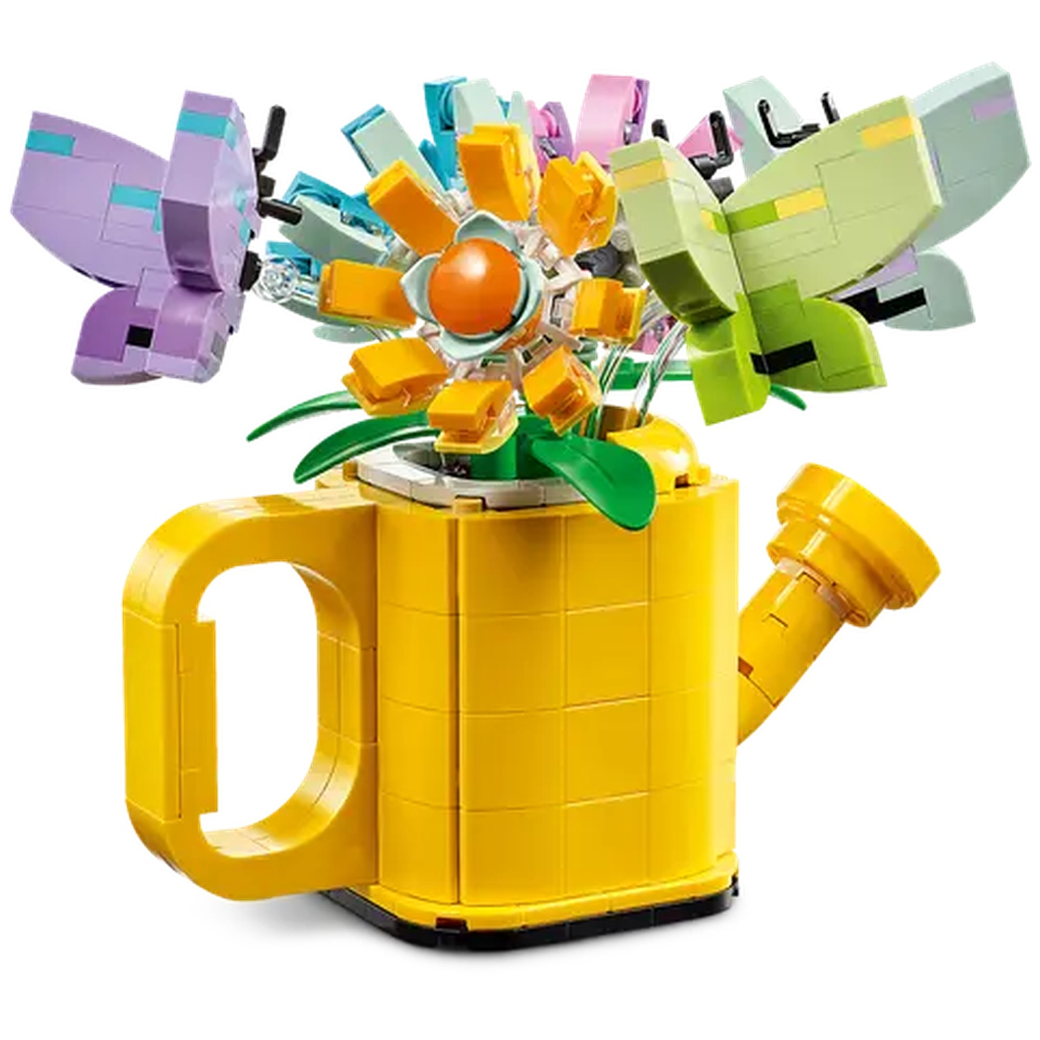 A yellow watering can with a flower and butterflies made of blocks. The flower is orange, yellow, and blue. Butterflies are purple and green.