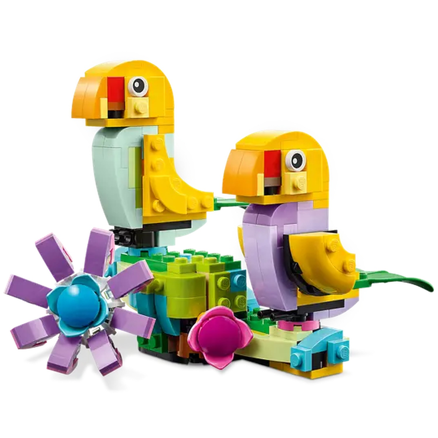 Two Lego birds with yellow heads, green and purple bodies, and a flower made of Lego bricks.