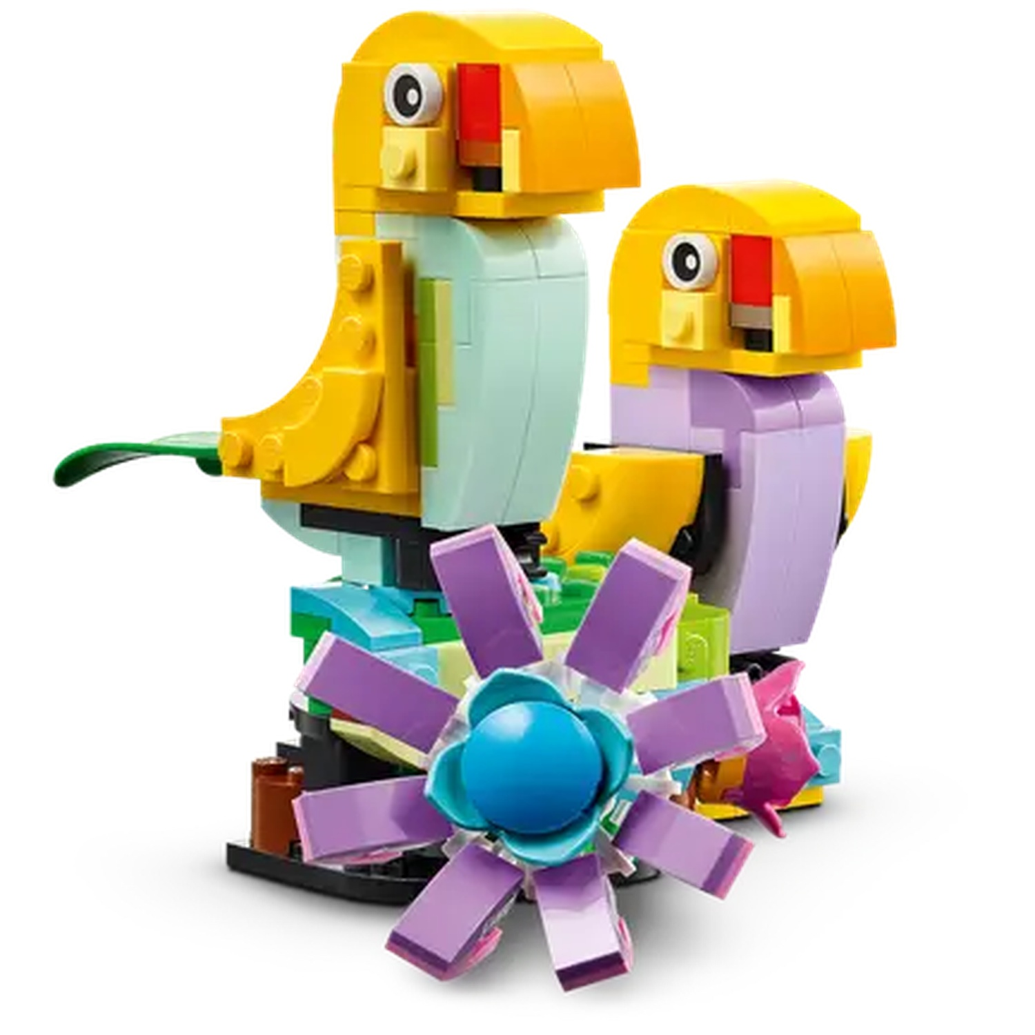 Two Lego birds with yellow, light blue, and purple parts. A flower with purple petals and a blue center is below them.