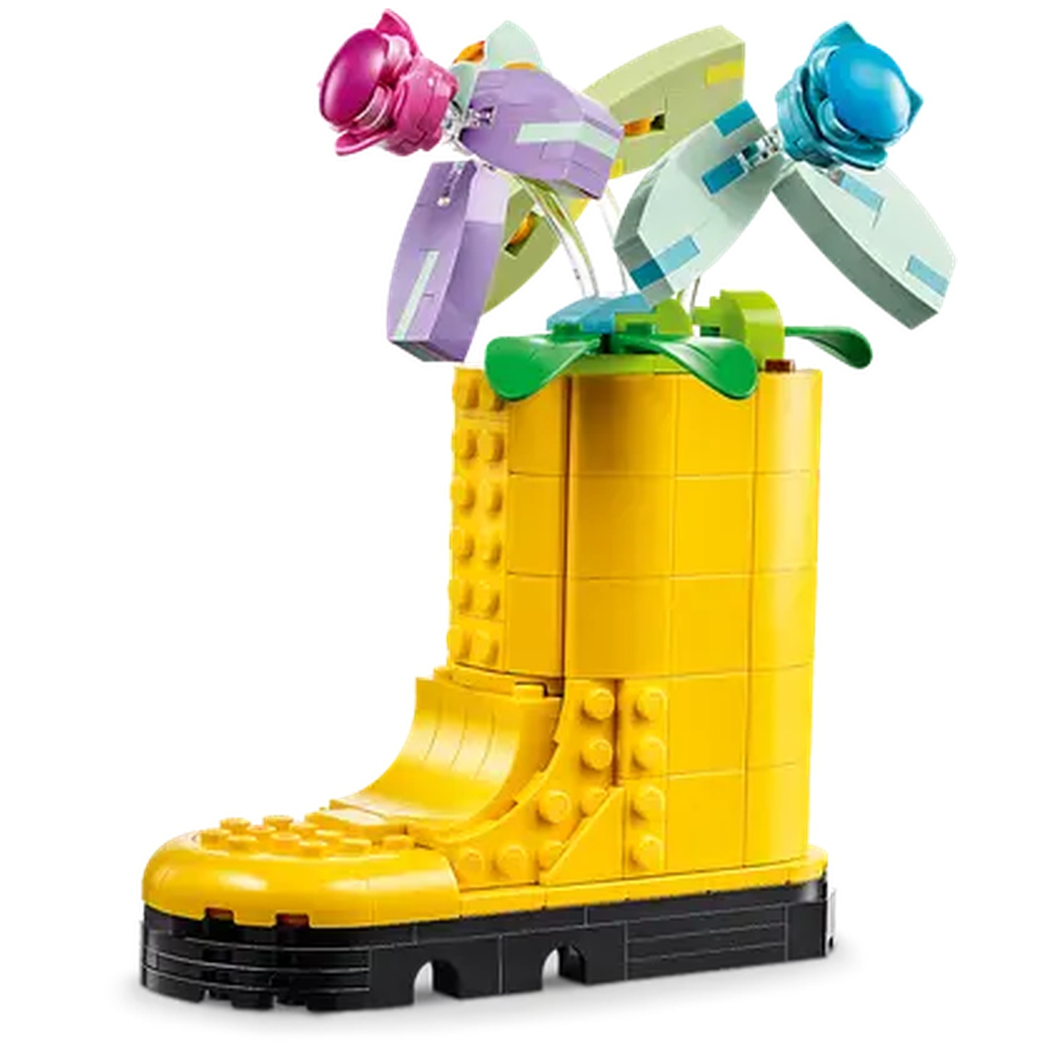 A Lego boot with Lego flowers. The boot is yellow, the flowers are pink, blue, purple, and green. The background is white.