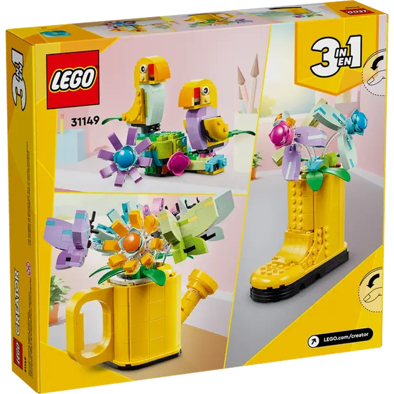 LEGO Creator box. It shows different LEGO models: birds, flowers in a boot, and a flower arrangement in a yellow mug.