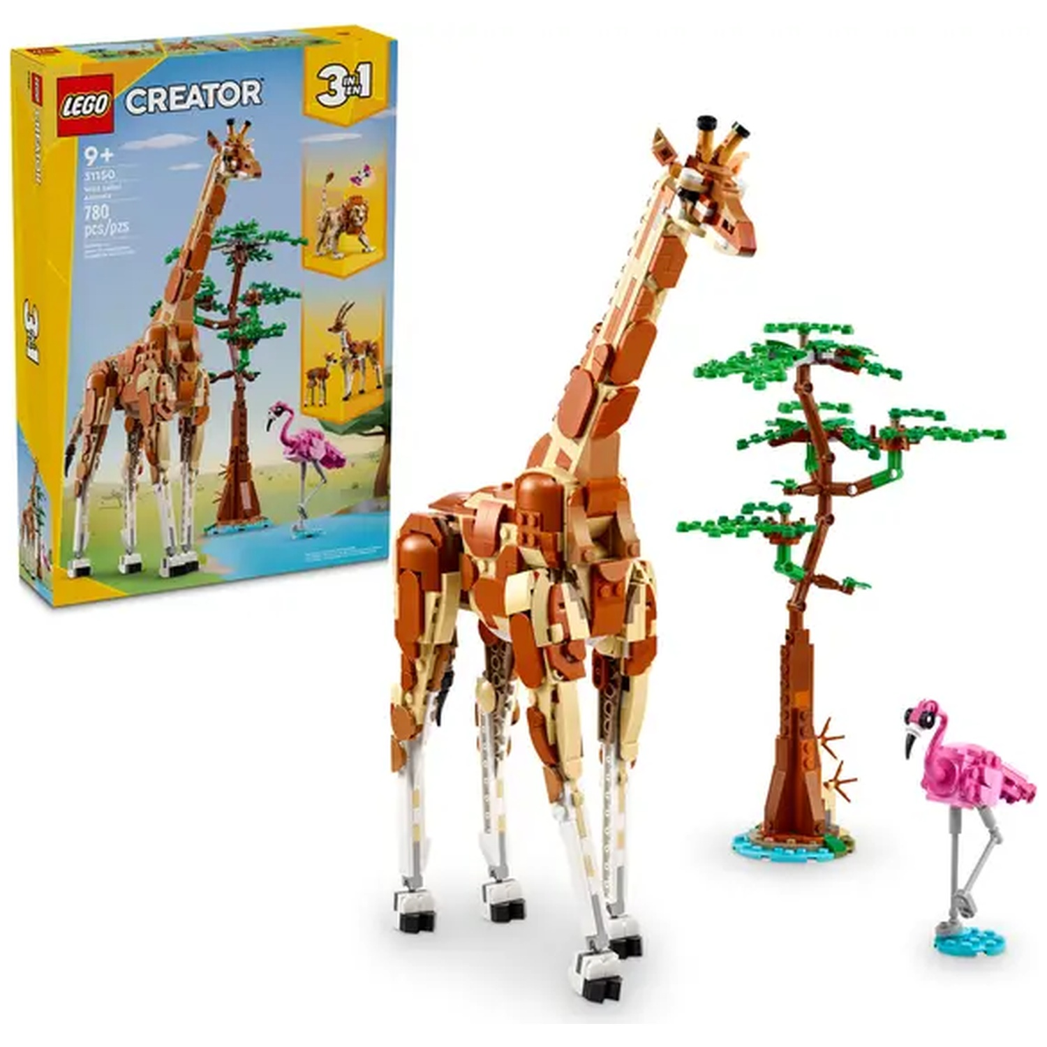 A Lego Creator giraffe, tree, and flamingo set. A box is on the left. The giraffe is brown and beige.