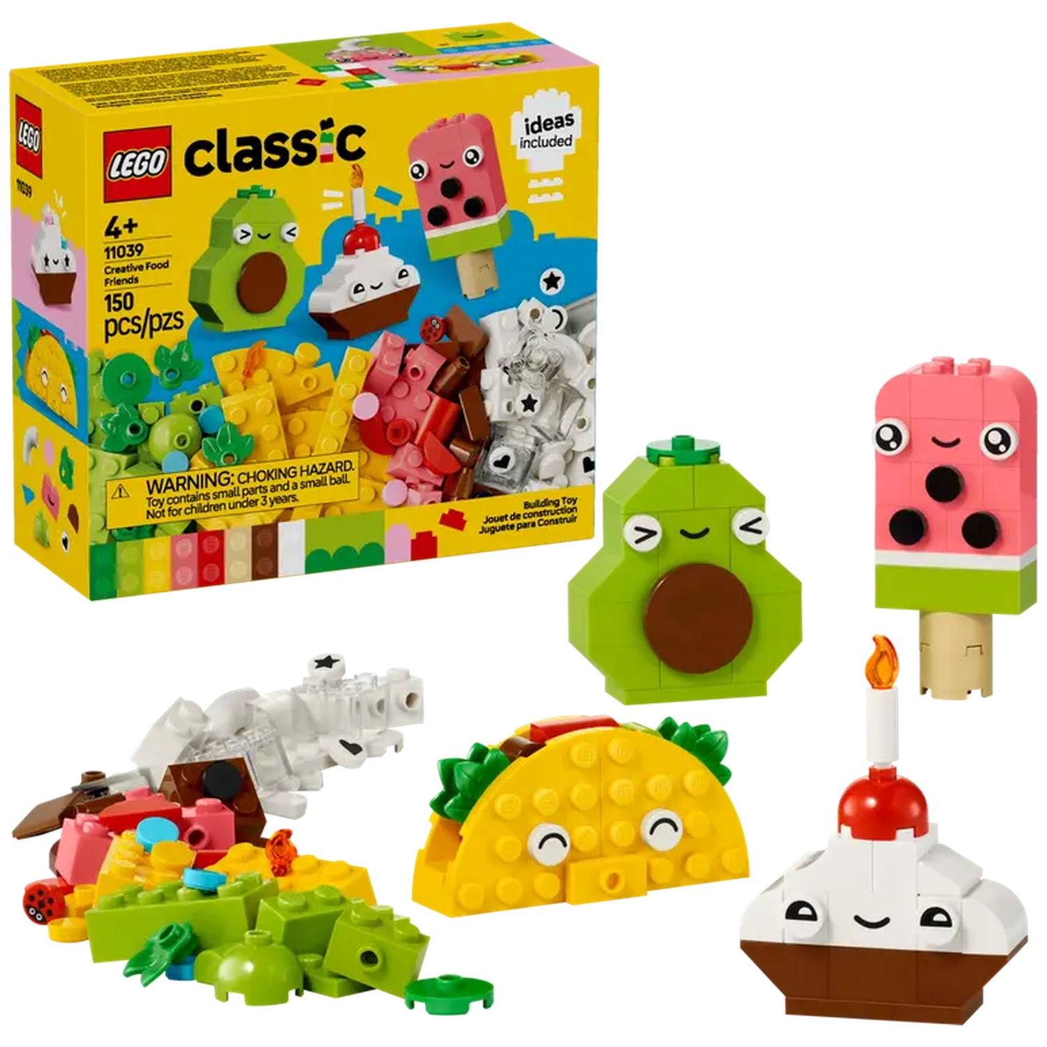 Un coffret Lego avec des créations sur le thème de la nourriture, dont un avocat, une glace, un cupcake et un taco, avec des pièces éparpillées.