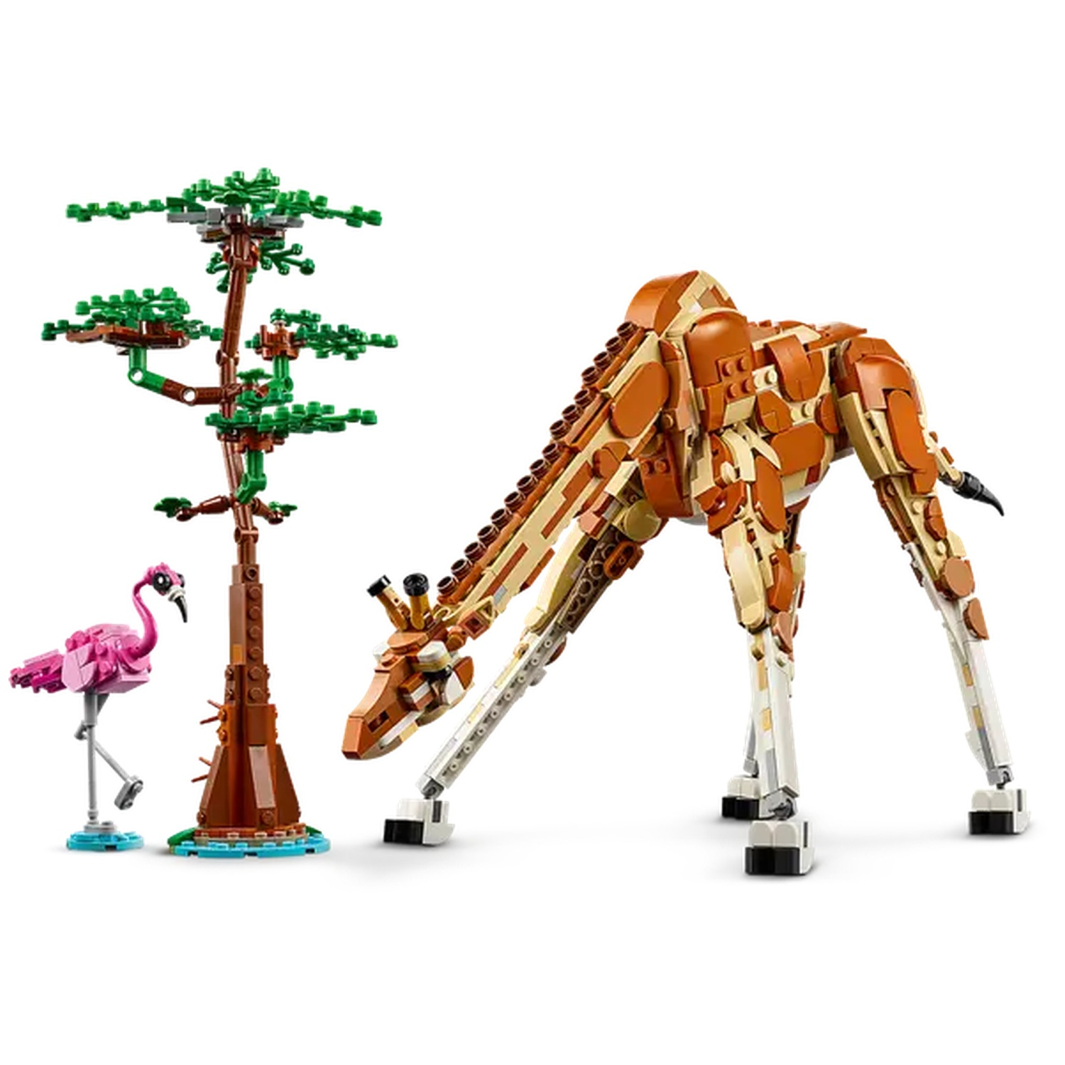 A Lego giraffe bending down to drink water, a pink flamingo, and a tree are shown. All on a white background.