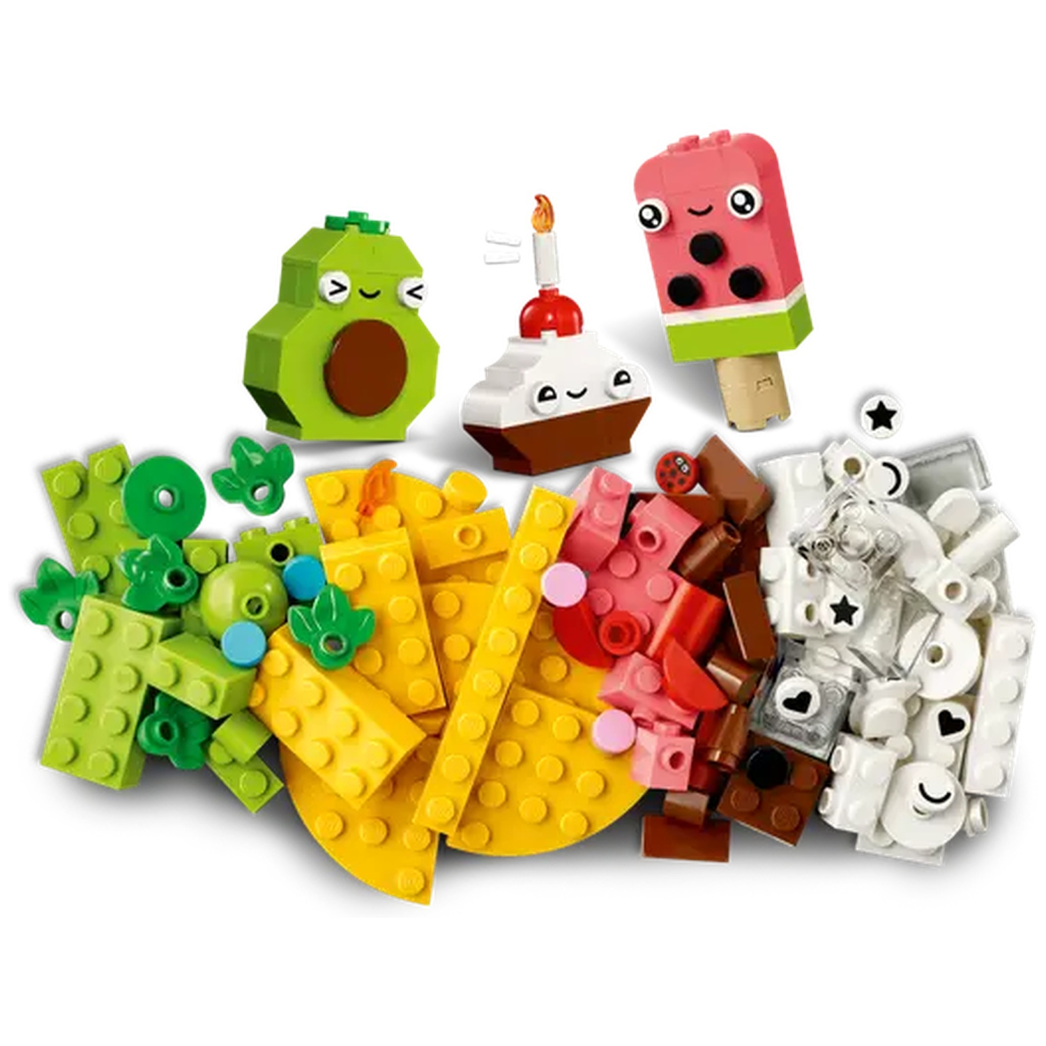 Ensemble Lego avec avocat, glace à la pastèque, cupcake et blocs assortis. Présence de couleurs vertes, jaunes, rouges, marron et blanches.