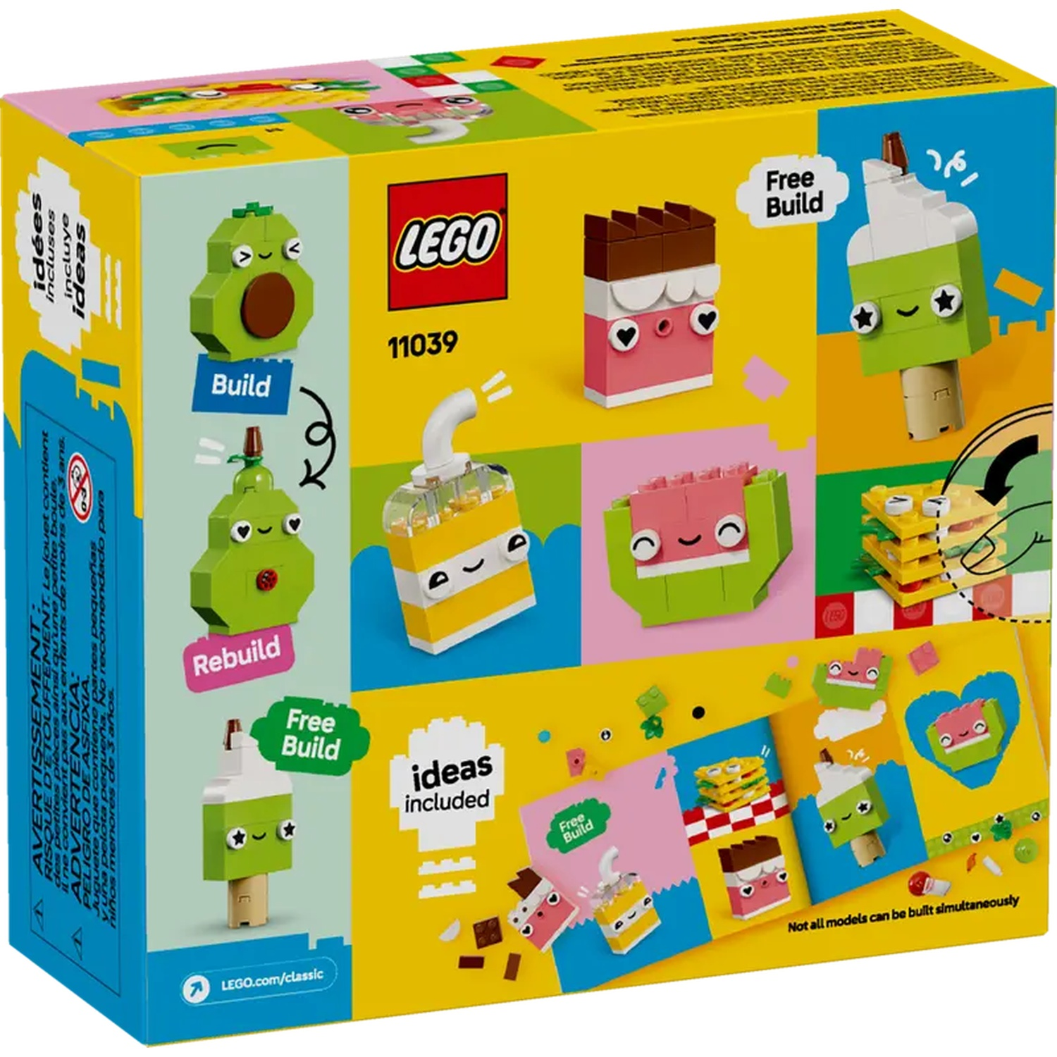 La boîte montre des constructions Lego : avocat, crème glacée, sandwich et autres aliments. Le logo LEGO est visible.