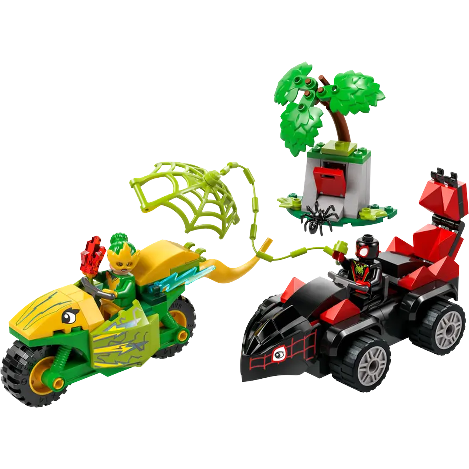 Ensemble Lego avec deux véhicules et un arbre. Une moto verte avec un personnage, et une voiture noire et rouge avec un personnage.