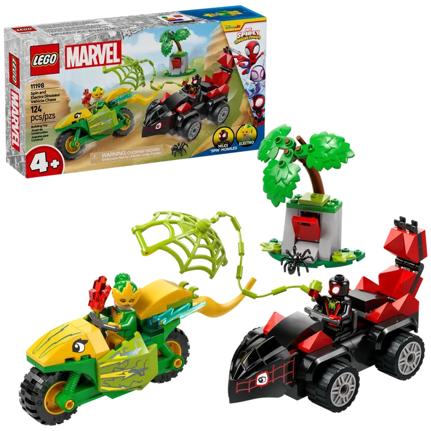 Ensemble LEGO Marvel. Moto verte et jaune, voiture noire et rouge. Comprend les figurines de Miles Morales et Electro. Emballage visible.