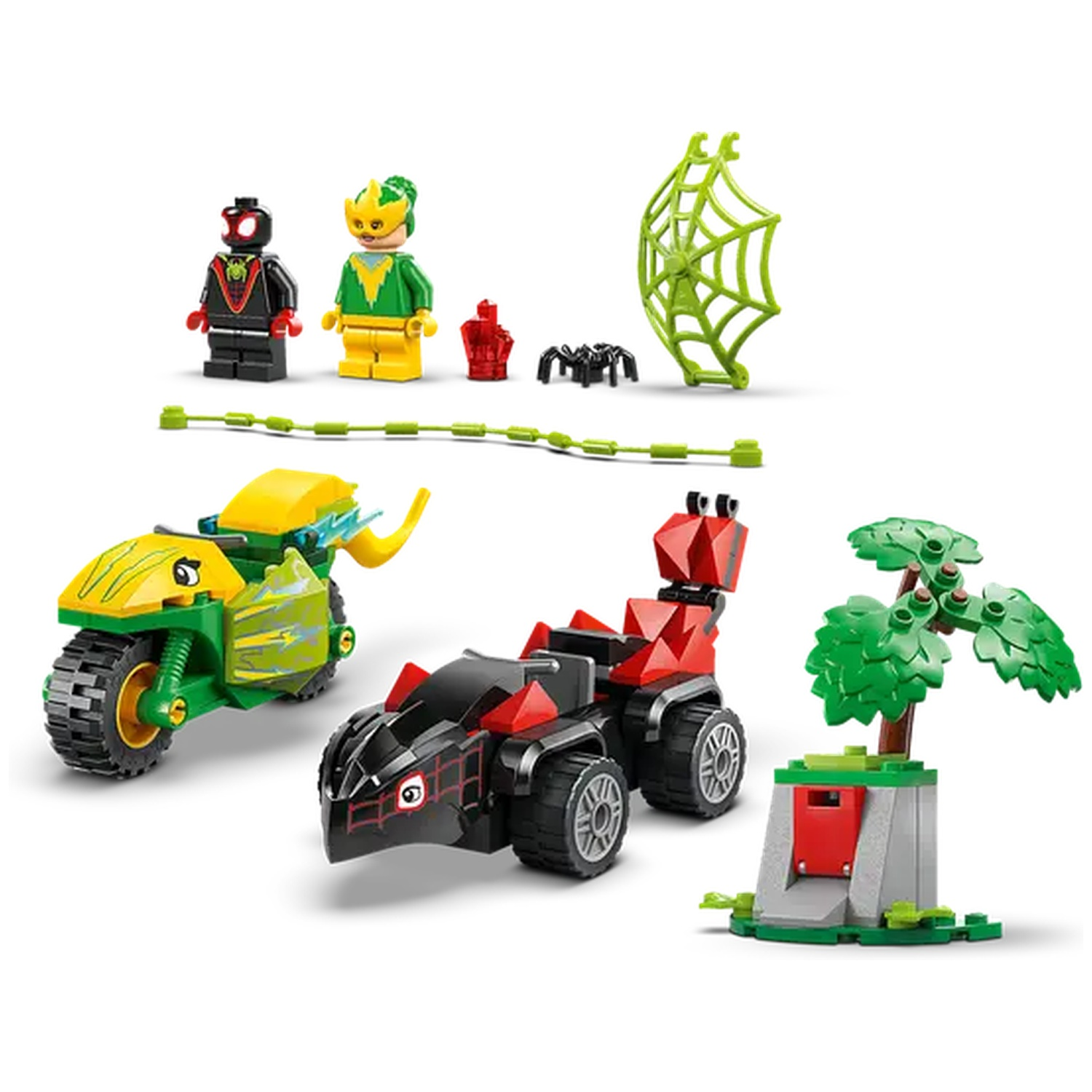 Ensemble Lego avec des figurines, des véhicules et des décors, dont une moto, une voiture, un arbre, une toile d'araignée et des figurines.