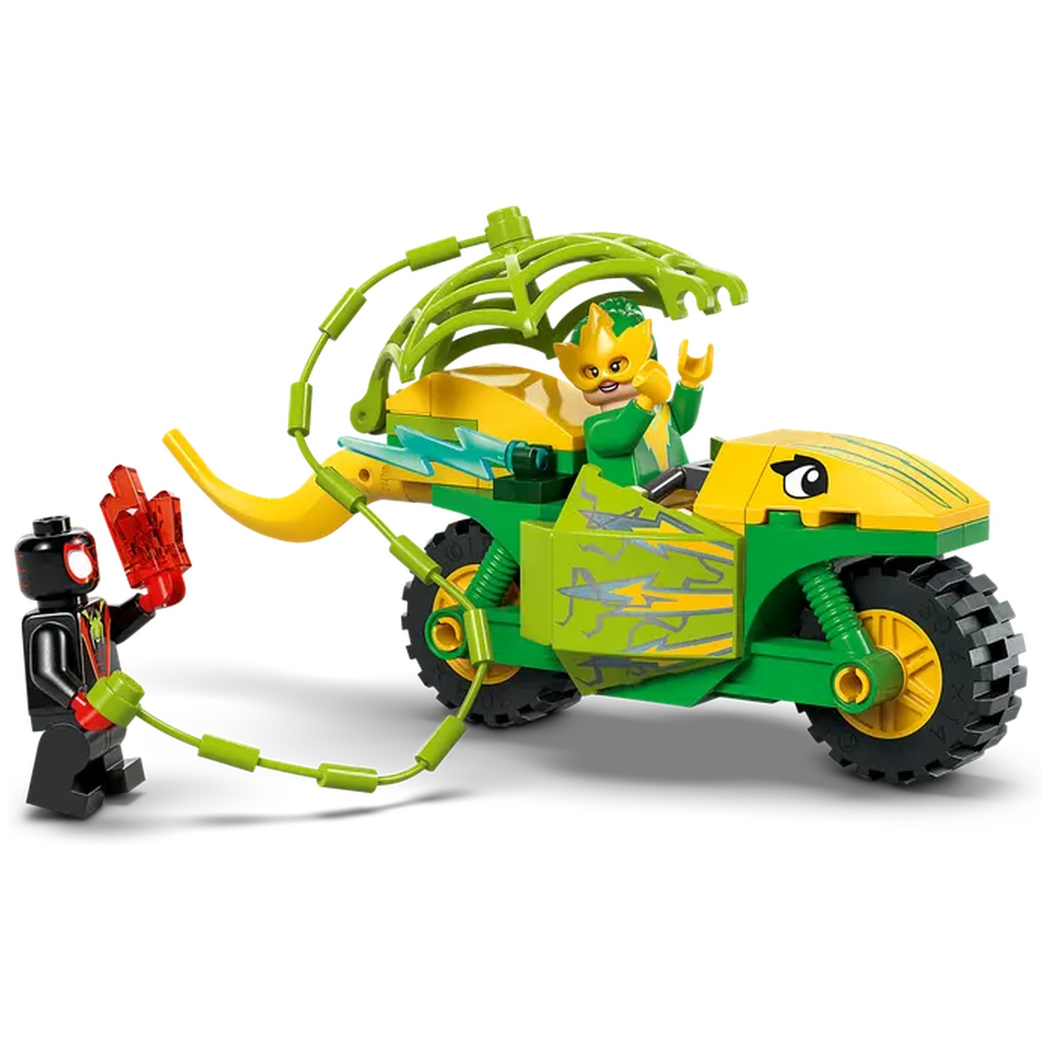 Ensemble Lego: figurine Spider-Man avec lanceur de toile rouge face à une moto verte et jaune avec une figurine.