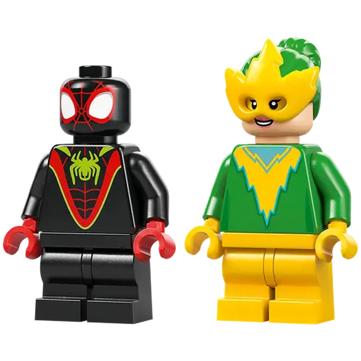 Deux figurines Lego : Spider-Man en costume noir et une femme en costume vert et jaune. Les deux sourient.